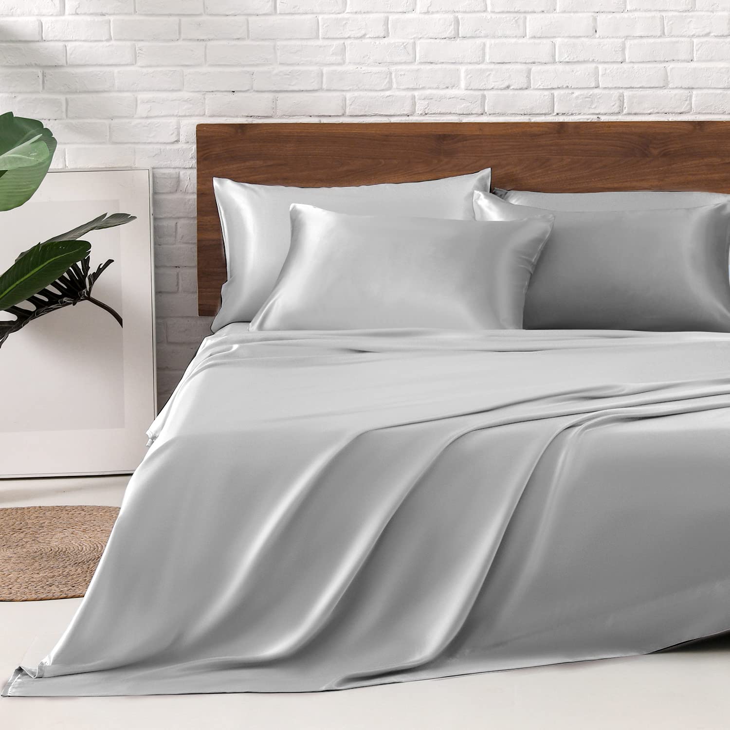 Mr&Hm Satin Bed Sheets, Queen Size Sheets Set, 6 Pcs Silky Bedding Set With 15 Inches Deep Pocket For Mattress(Queen, Silver Gre