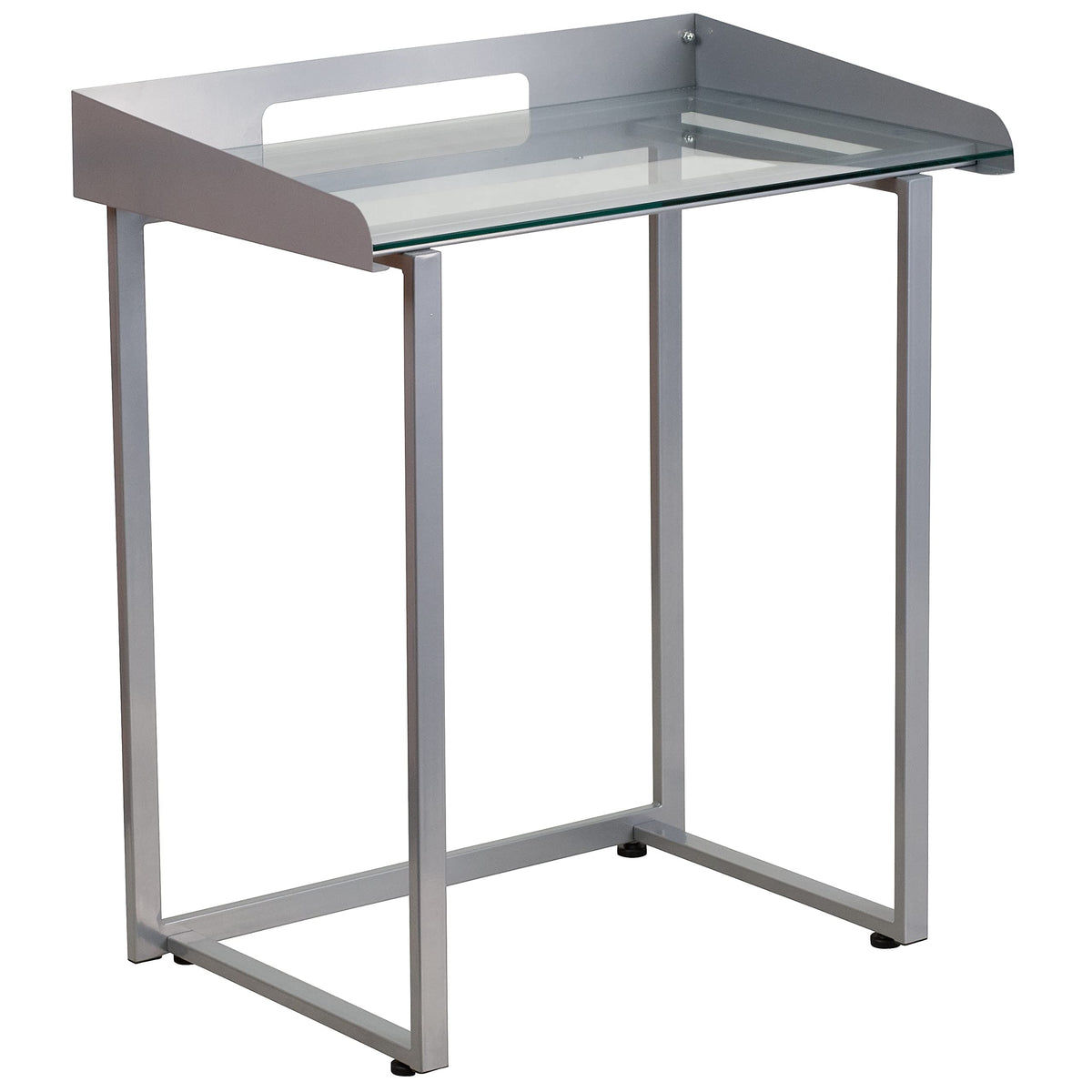 Flash Furniture Jayden Contemporary Clear Tempered Glass Desk with Raised Cable Management Border and Silver Metal Frame