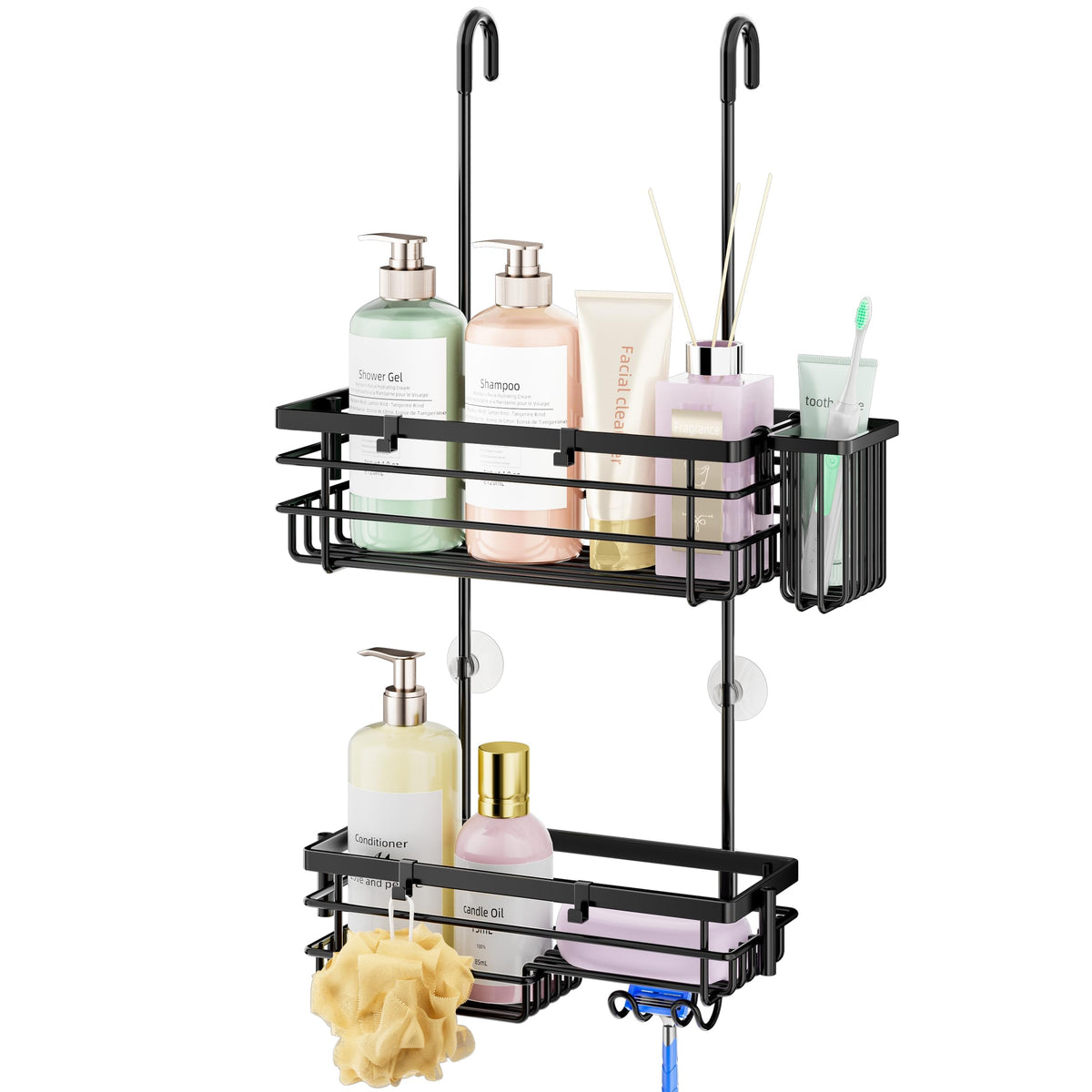 HapiRm Hanging Shower Caddy  For Renters & Small Bathrooms, Fits Shower Curtain Rods, No Drilling, 2 Rustproof 304 Shelves, 4 H