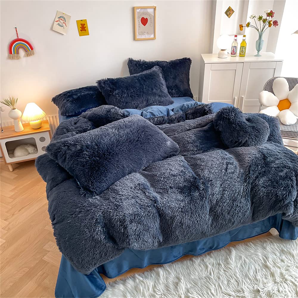 Chovy Faux Fur Plush Navy Blue Comforter Sets Twin/Full Size - Ultra Soft Shaggy Flannel Velvet Fluffy Fuzzy 3Pc Bedding Set (Co