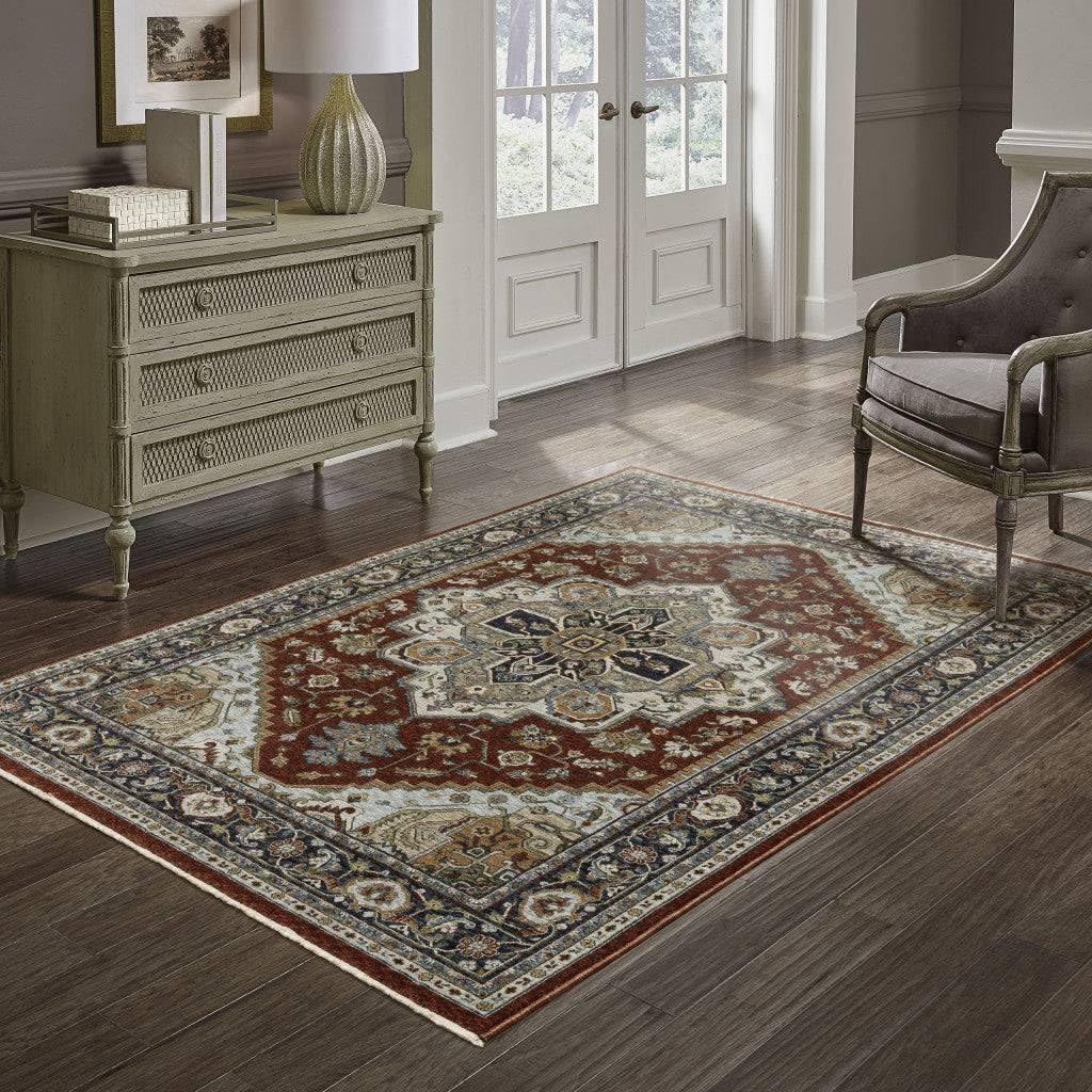 HomeRoots 508070 6 x 9 ft. Blue Beige Gray Gold Green & Rust Red Oriental Power Loom Stain Resistant Rectangle Area Rug with Fringe