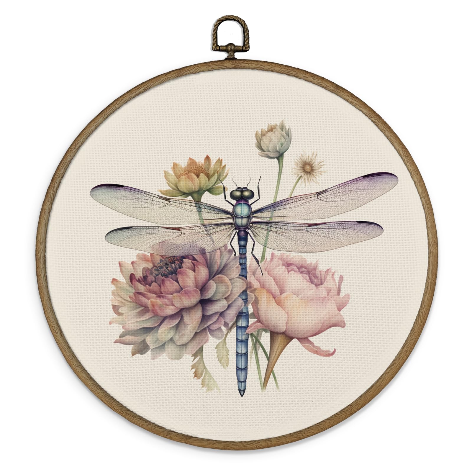 MAQIKA Dragonfly Flower Framed Wall Art Decor, Dragonfly Wall Art, Boho Botanical Round Wall Hanging Decor, Vintage Dragonfly Ca