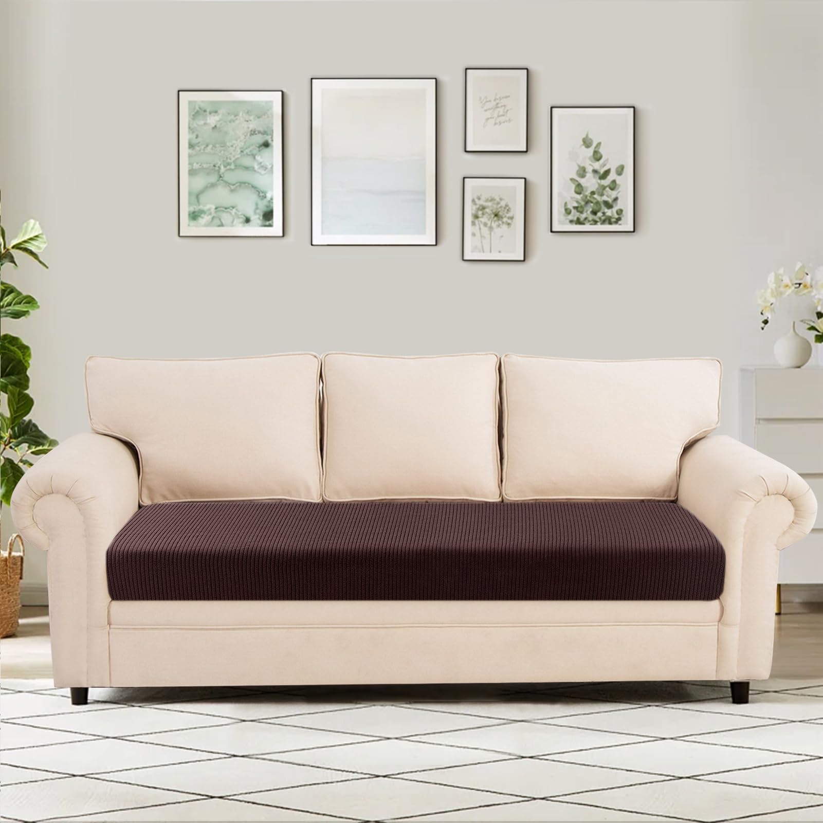 Searchi Stretch Jacquard Sofa Couch Cushion Covers Replacement Cushion Slipcovers Stretch Sofa Seat Cover Furniture Protector Sofa Slipcover Soft With Elastic Bottom(Large, Reddish Brown)