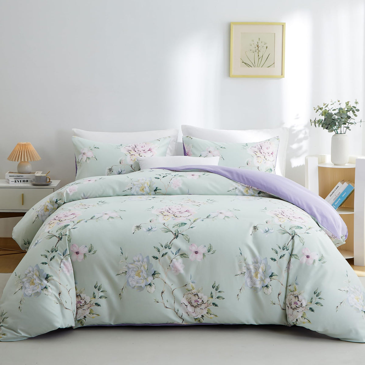 Bolinliving Duvet Cover Twin Size, Flower Kids Duvet Cover With Pillow Shams, Soft Floral Bedding Set Sage Green And Purple For