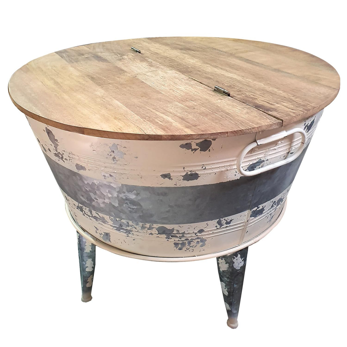 Benjara Distressed Metal Framed Cocktail Tables With Hinged Lift Top Storage, Brown And Gray 26 In X 26 In X 19.75 In