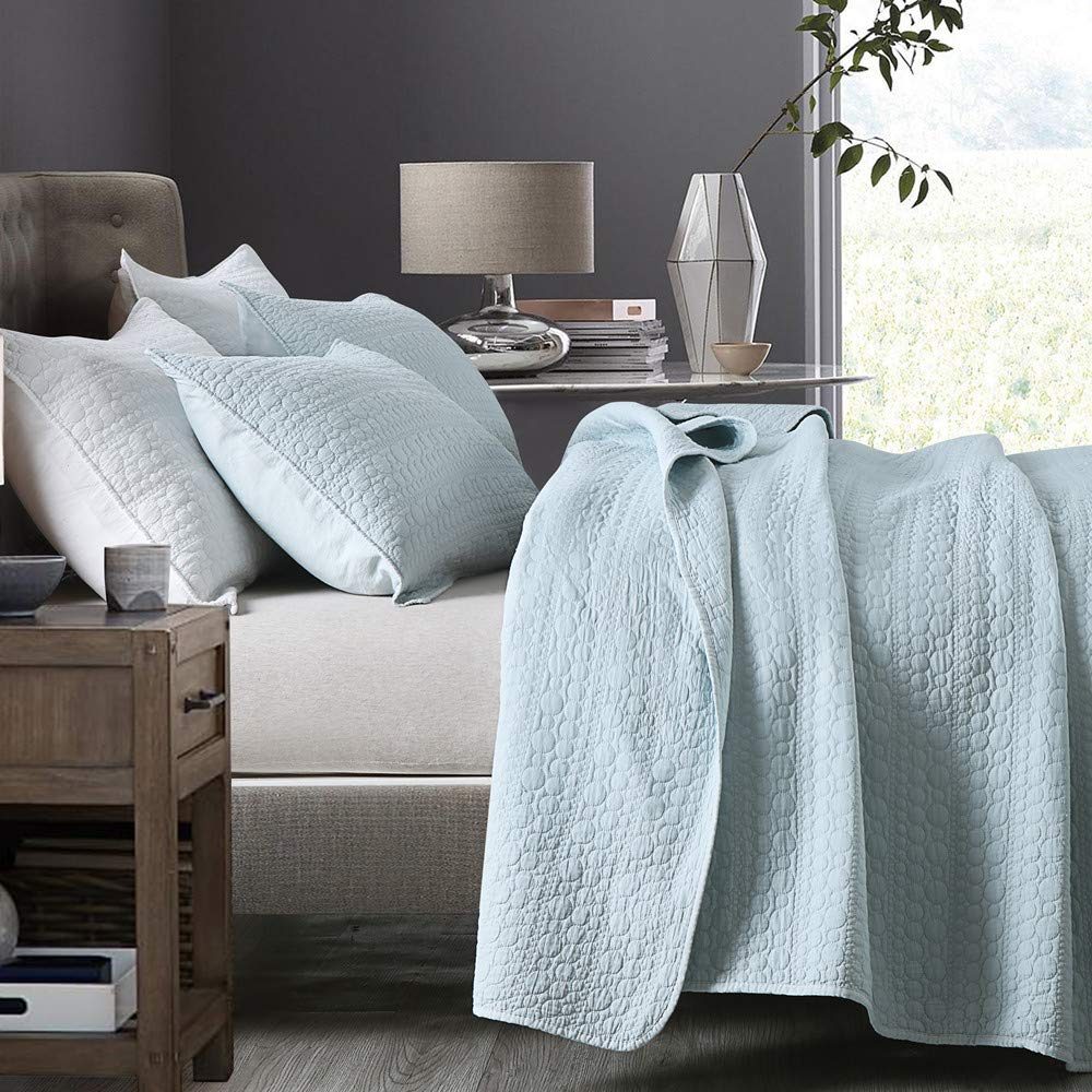 Horimote Home Quilt Set Queen Size Aqua Blue, Classic Geometric Spots Stitched Pattern, Stone-Washed Microfiber Chic Rustic Look