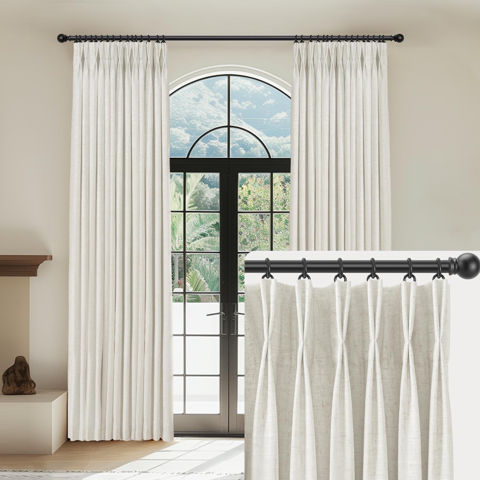 Capaloca Beige White Linen Pinch Pleated Curtains Blackout 100% Black Out Curtains 120 Inches Long 2 Panels Pinch Pleat Curtains