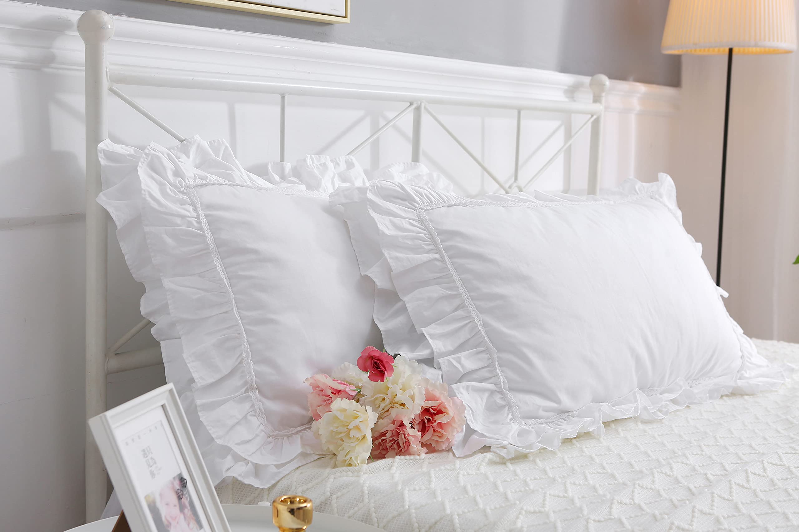 2-Pack Bright White Pillow Shams Pillowcases With Lace And Ruffles Cotton Queen Size 20'X30' Shabby Chic