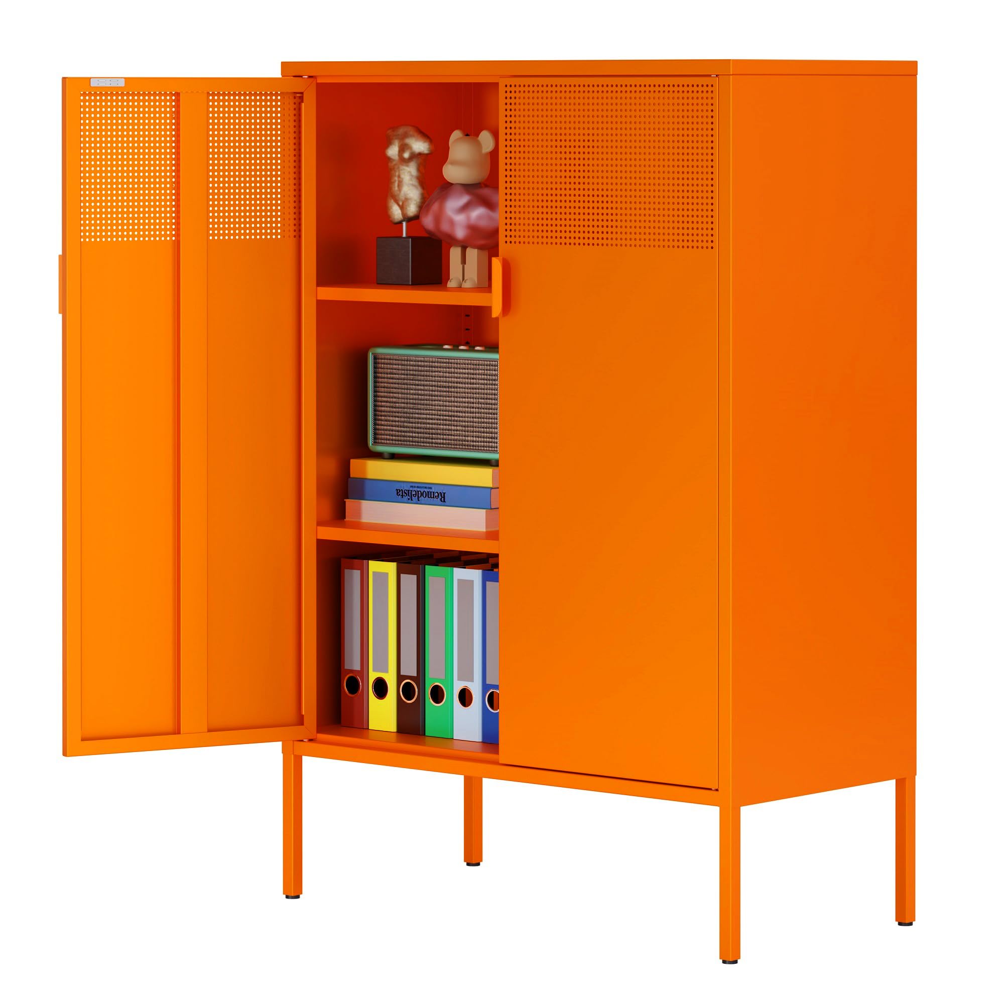 Ustamio Orange 3 Tier Metal Storage Cabinet With Legs, 2 Door Metal Locker Style Accent Storage Cabinet With 2 Adjustable Shelve