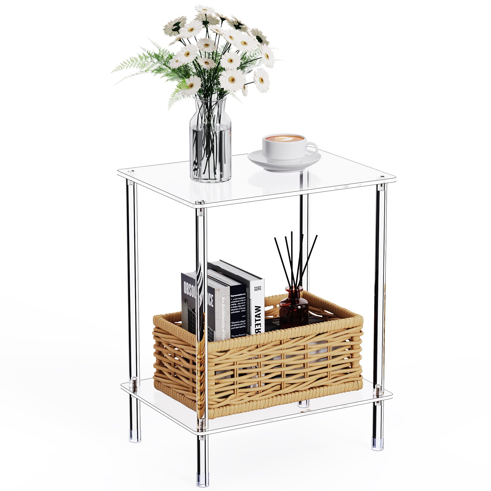 Bkemiy Clear Acrylic Side Table, 2-Tier End Table for Living Room, Small Modern Bedside Tables Nightstand for Bedroom, Home Deco