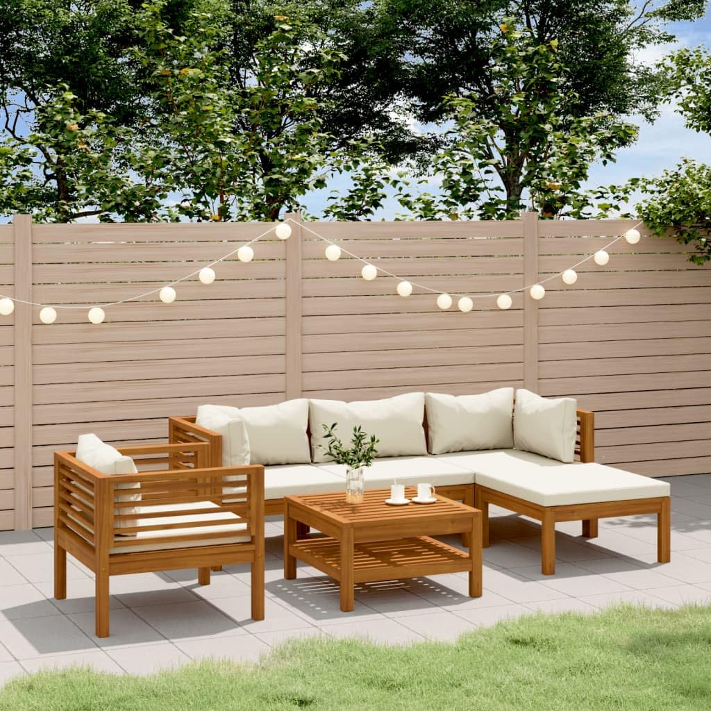 vidaXL 6-Piece Outdoor Lounge Set with Cushions - Solid Acacia Wood Frame - Cream Polyester Cushions - Perfect for Garden, Patio, Deck, Porch