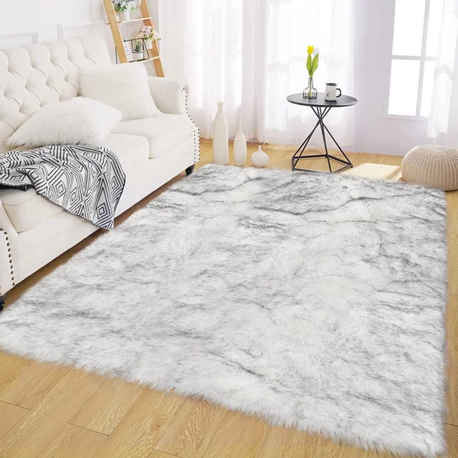 Latepis Area Rug 5x7 Shag Rug White with Grey Tips Washable Fur Rug Faux Sheepskin Rug Fluffy Rug for Living Room Bedroom Rug Pl