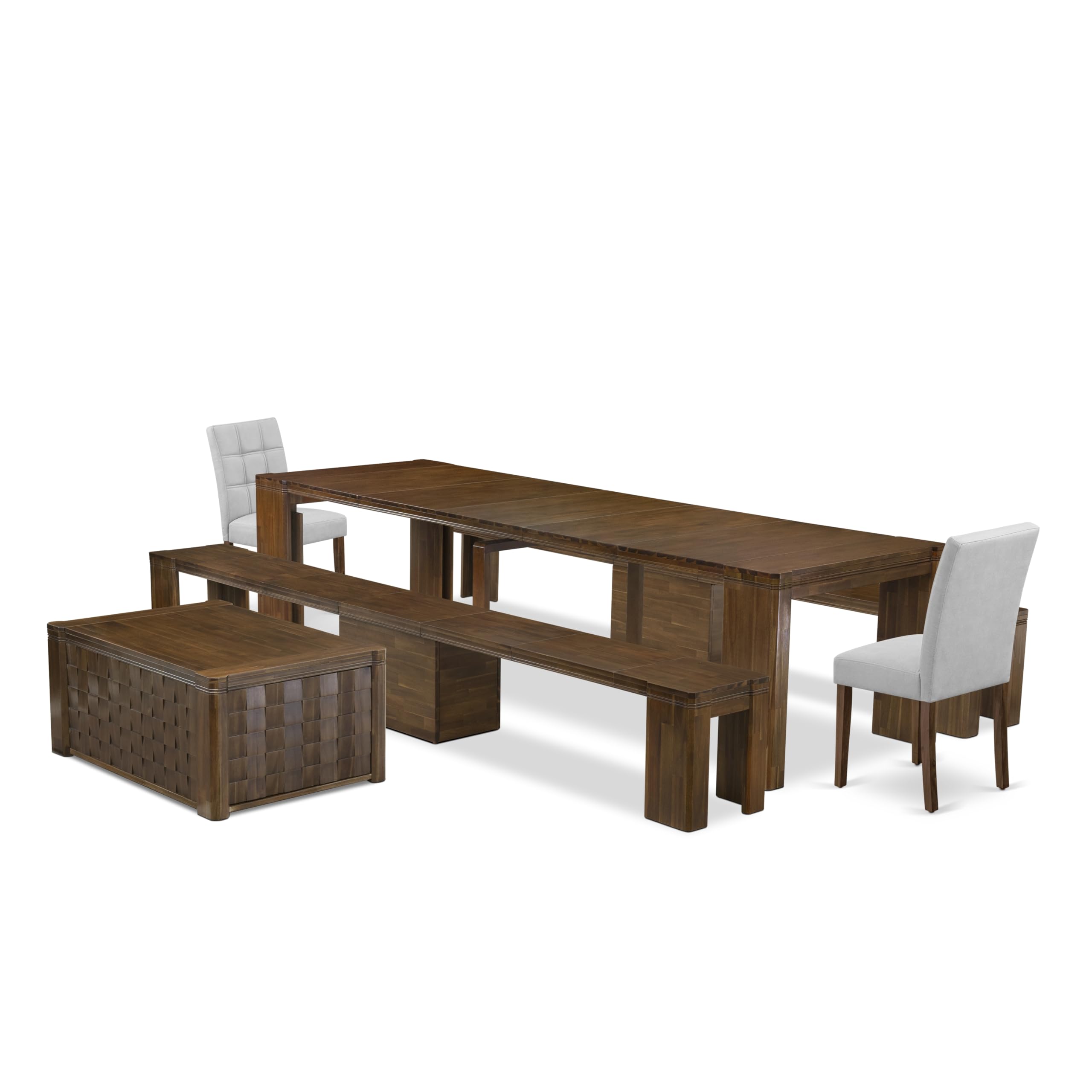 Luxe by East West Furniture - X02AS-2C8-08 - 6 Pieces Dining Room Set contains an Extendable Rectangle Kitchen Table, 1 Coffee Table, 2 Dining Chairs and 2 Modern Benches, 39x120 Inch, Antique Walnut