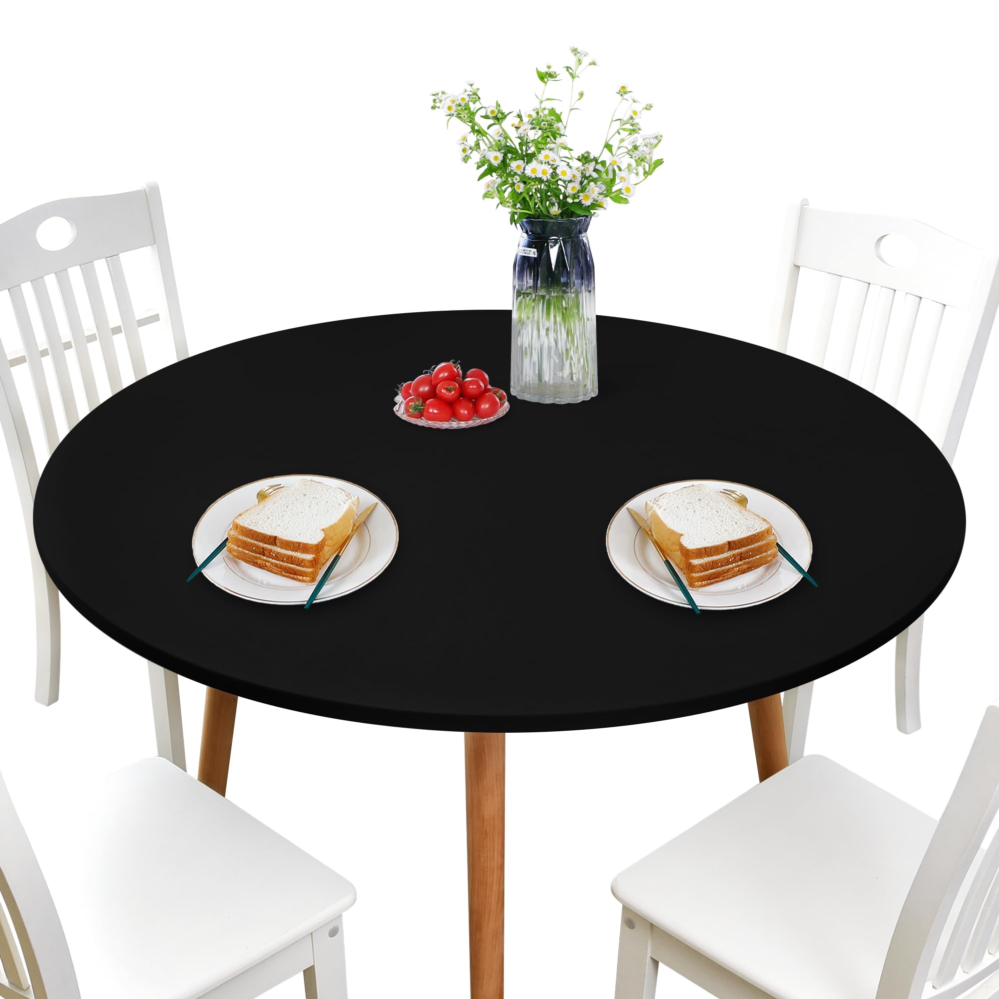 Newisher Round Fitted Table Cover Spandex Stretch Tablecloth Black Table Top Cover With Elastic Edged For Dining Picnic Patio 60 Inch