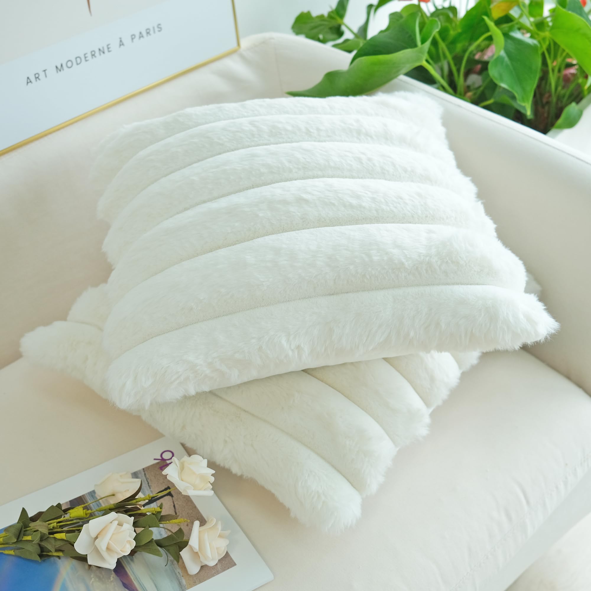 Jojusis Pack Of 2 Faux Fur Plush Decorative Throw Pillow Covers Couch Cushion Case Soft Fluffy Pillowcases Wide Stripe (White, 1
