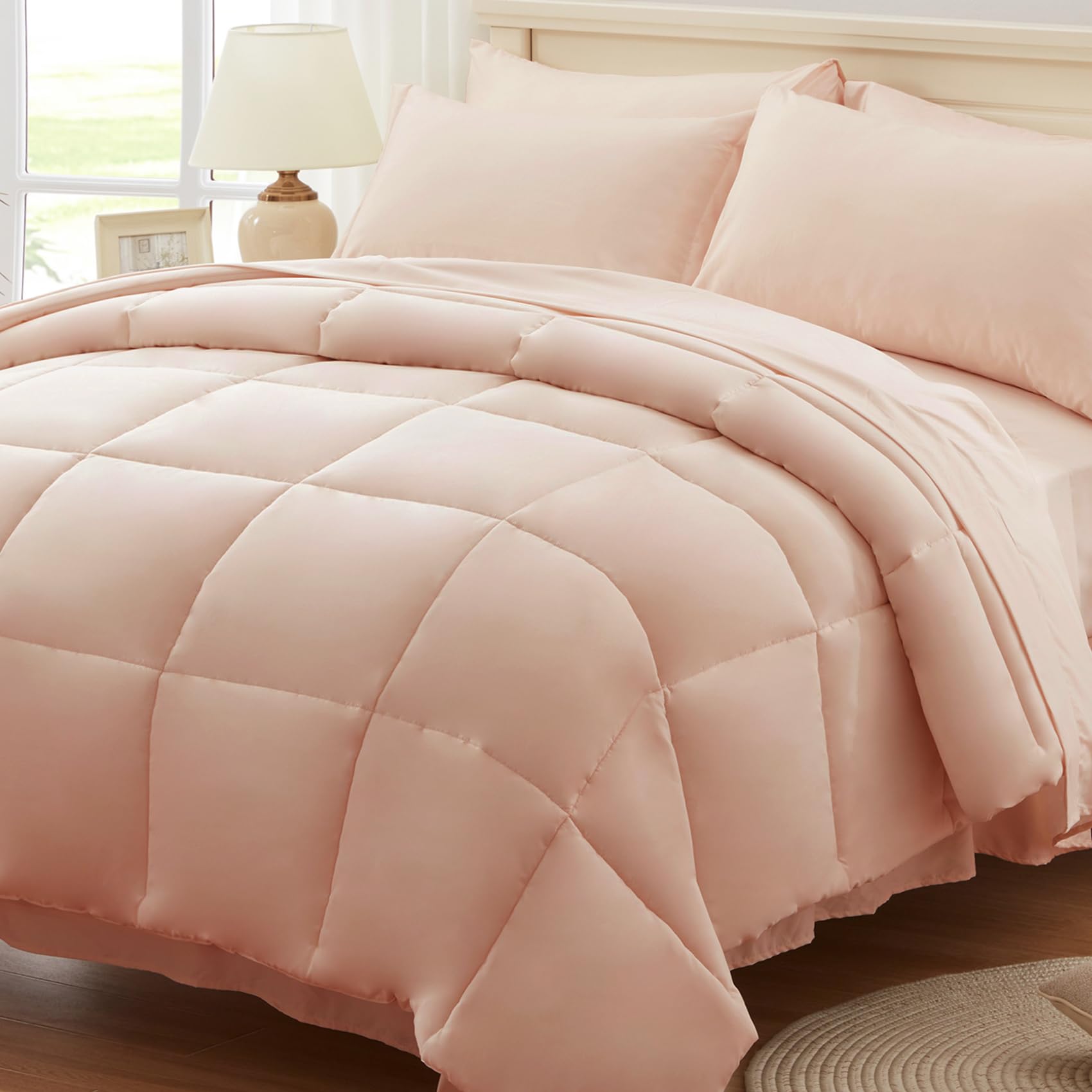 Anluoer Queen Comforter Set 7 Piece, Pink Bed In A Bag With Sheets, Comforters Queen Size Bedding Sets With 1 Comforter, 2 Pillo