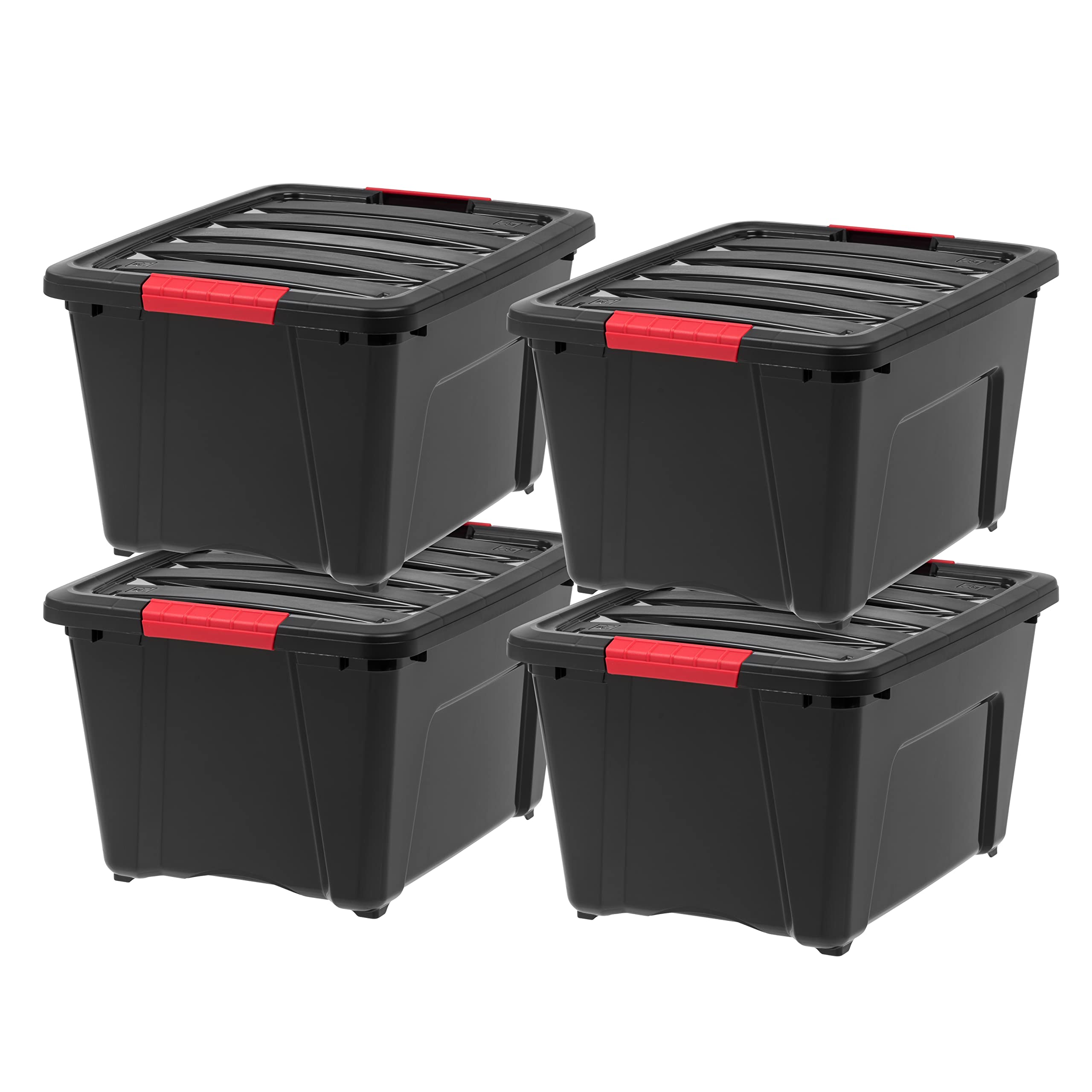 IRIS USA 32 Qt Stackable Plastic Storage Bins with Lids, 4 Pack - BPA-Free, Made in USA - Garage Organizing Solution, Latches, D