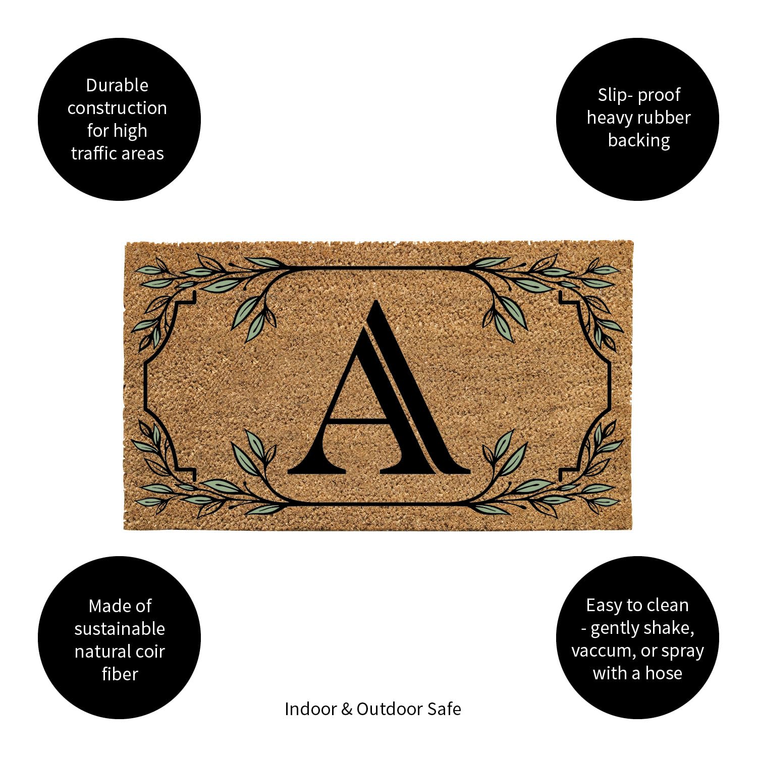 Evergreen Monogram Coir Doormat | Letter A | Front Door Mat For Outdoor Indoor Entrance | 28X16 Inches | Non-Slip Backing Doorwa