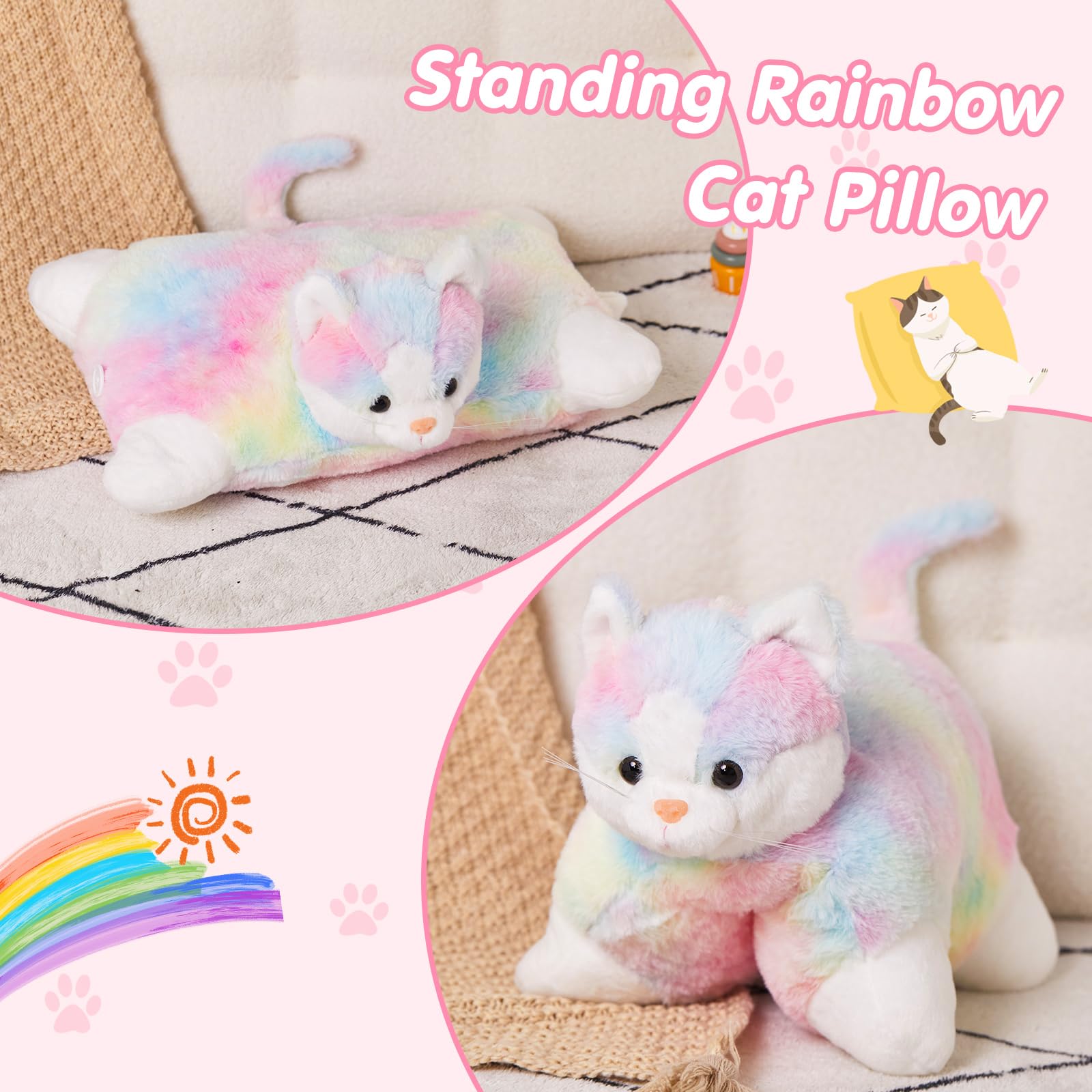 Glow Guards 16' Rainbow Cat Plush Pillow,Cute Kitty Stuffed Animal Soft Lovely Colorful Toy,Bedtime Sofa Decors,Christmas Birth
