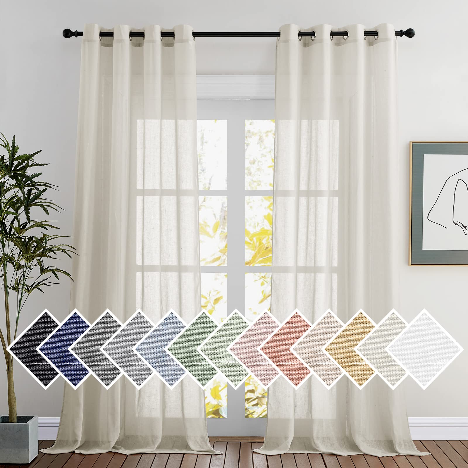 Nicetown Textured Linen Sheer Curtains For Living Room, Grommet Privacy Translucent With Light Filter Thick Flax Sheer Drapes Fo