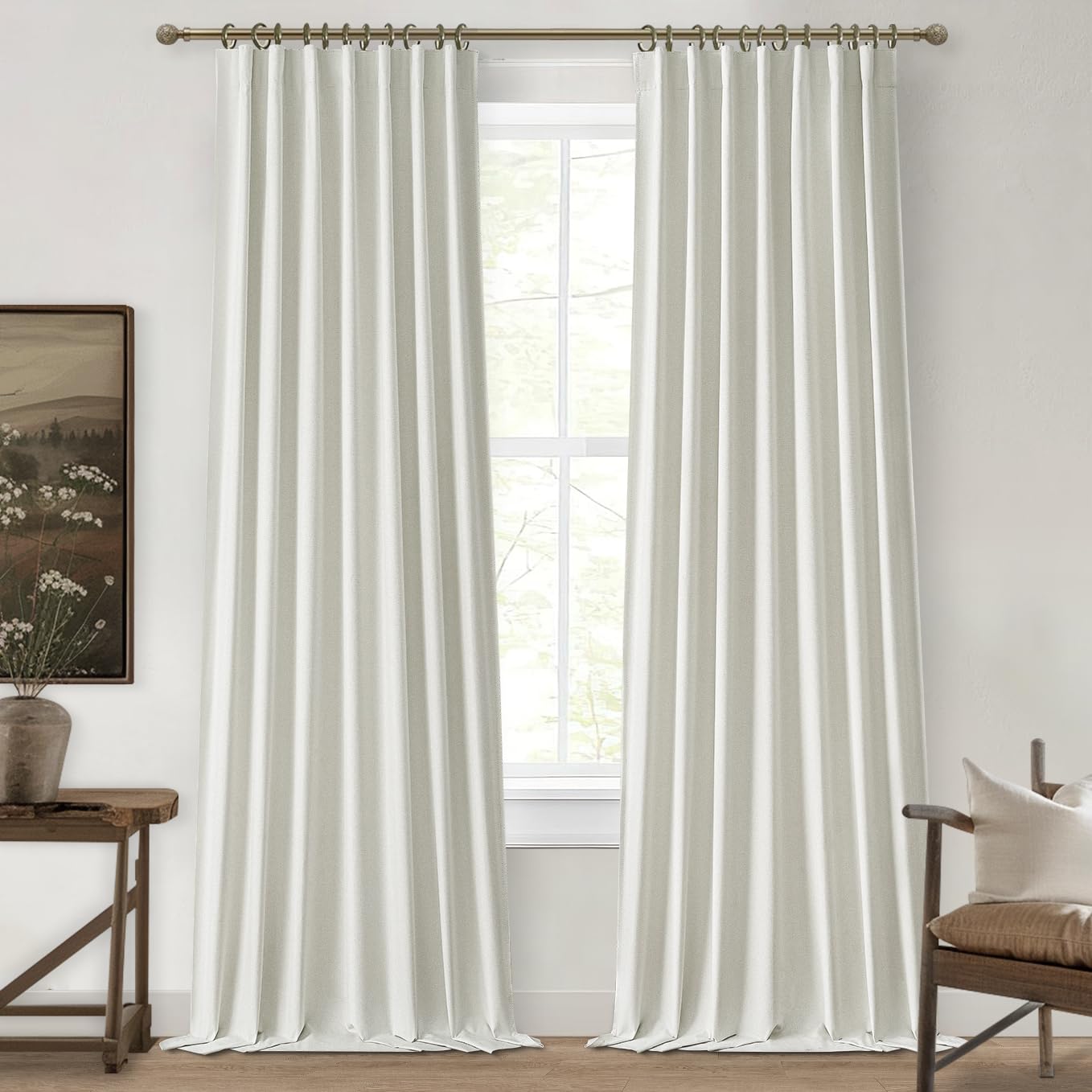 Black Out Pleated Curtains 105 Inch Long 2 Panels Burg, Sound Curtains Noise Reducing Heavy Drapes Boho Flax Linen Tall Curtain 