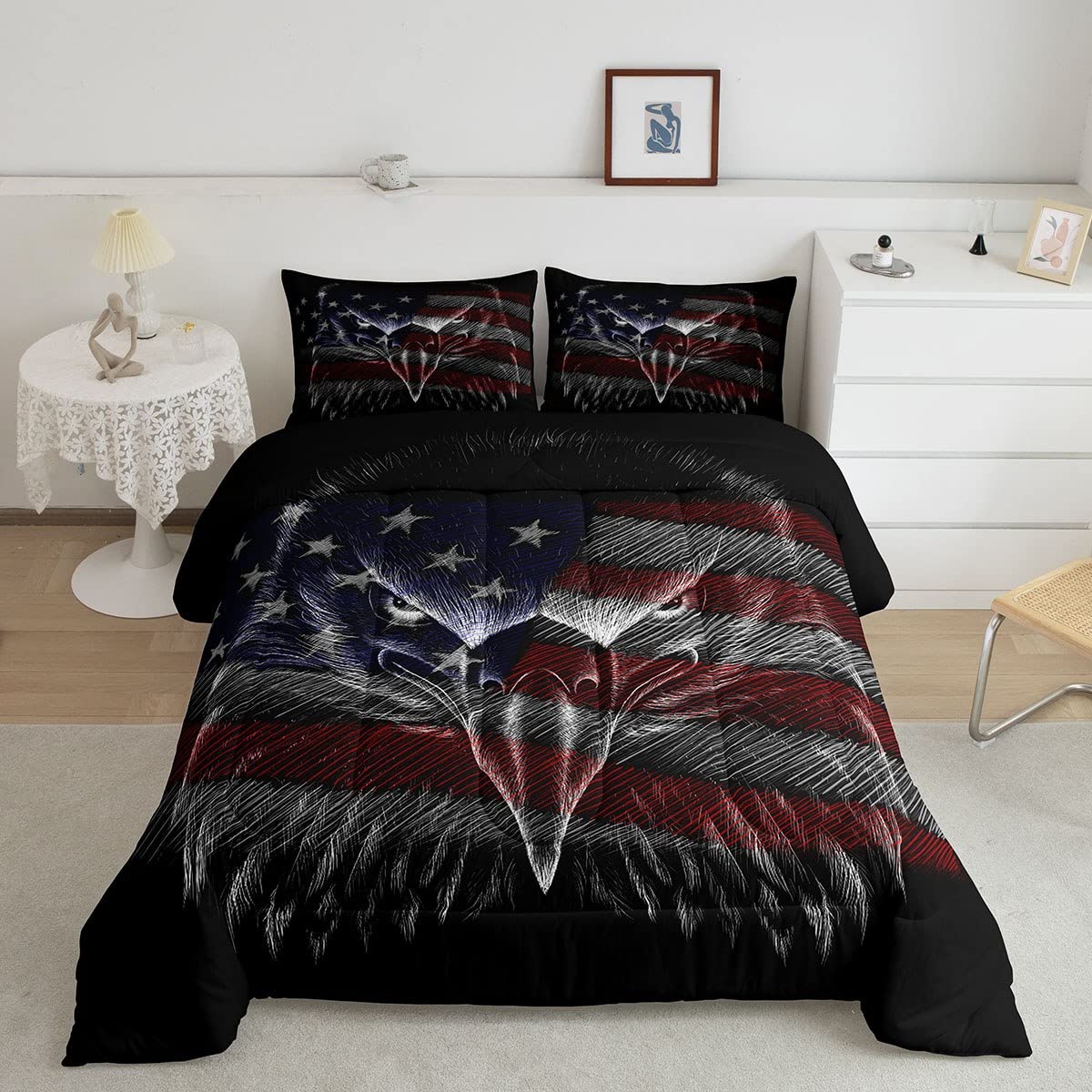 Homewish American Flag Comforter Set King Size, Eagle Bird Animal Print Stars Stripes Usa Flag Bedding Comforters For Children A