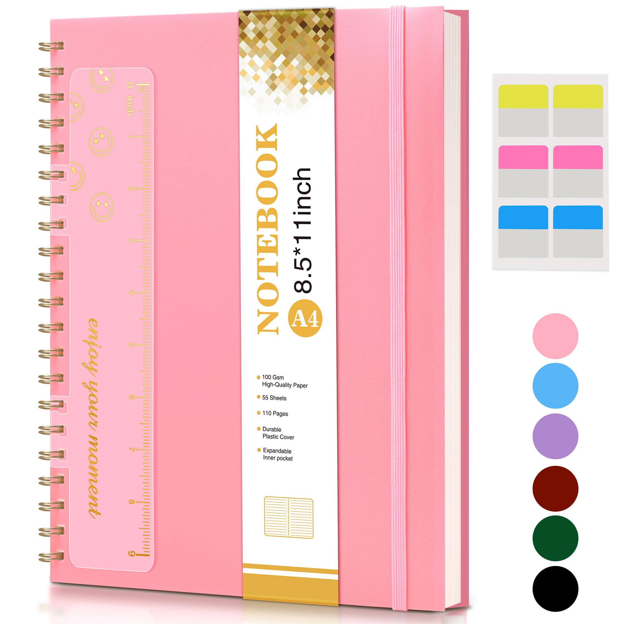 Spiral Notebook Journal 8.5    X 11   , A4 Large Pink Notebooks For Women Men, College Ruled Lined Journal, 100 Gsm Paper, Plast