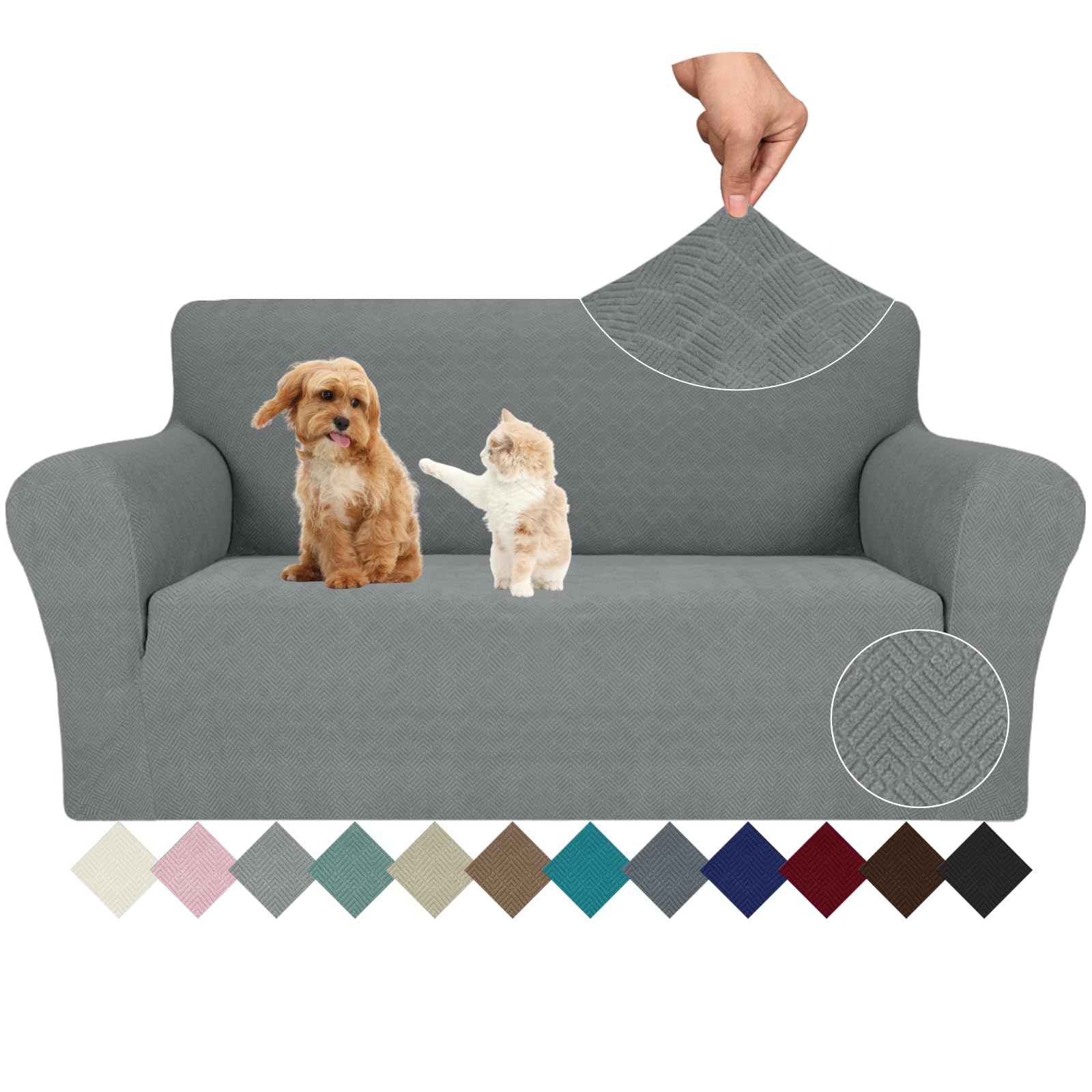 Jiviner Stretch Loveseat Slipcovers 1 Piece Love Seat Sofa Cover Spandex 2 Seater Couch Covers Universal Furniture Protector With Elastic Bottom (Medium, Light Gray Rhomb)