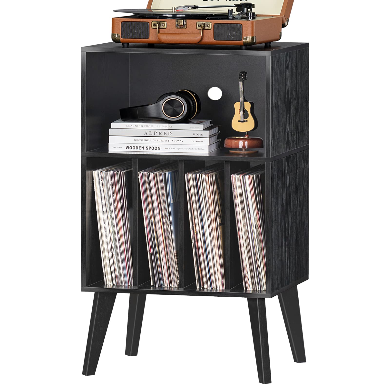 Lerliuo Record Player Stand, Black Turntable Stand Holds up to 160 Albums, Mid-Century Vinyl Storage Cabinet Table with Solid Wo
