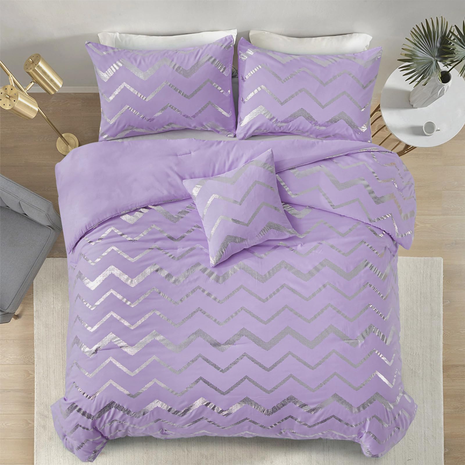 Menghomeus Purple/Silver Comforter Set King Lavender Metallic Print Glitter Bedding Set Cute Shinny Lilac Bed Sets For Teen Girl