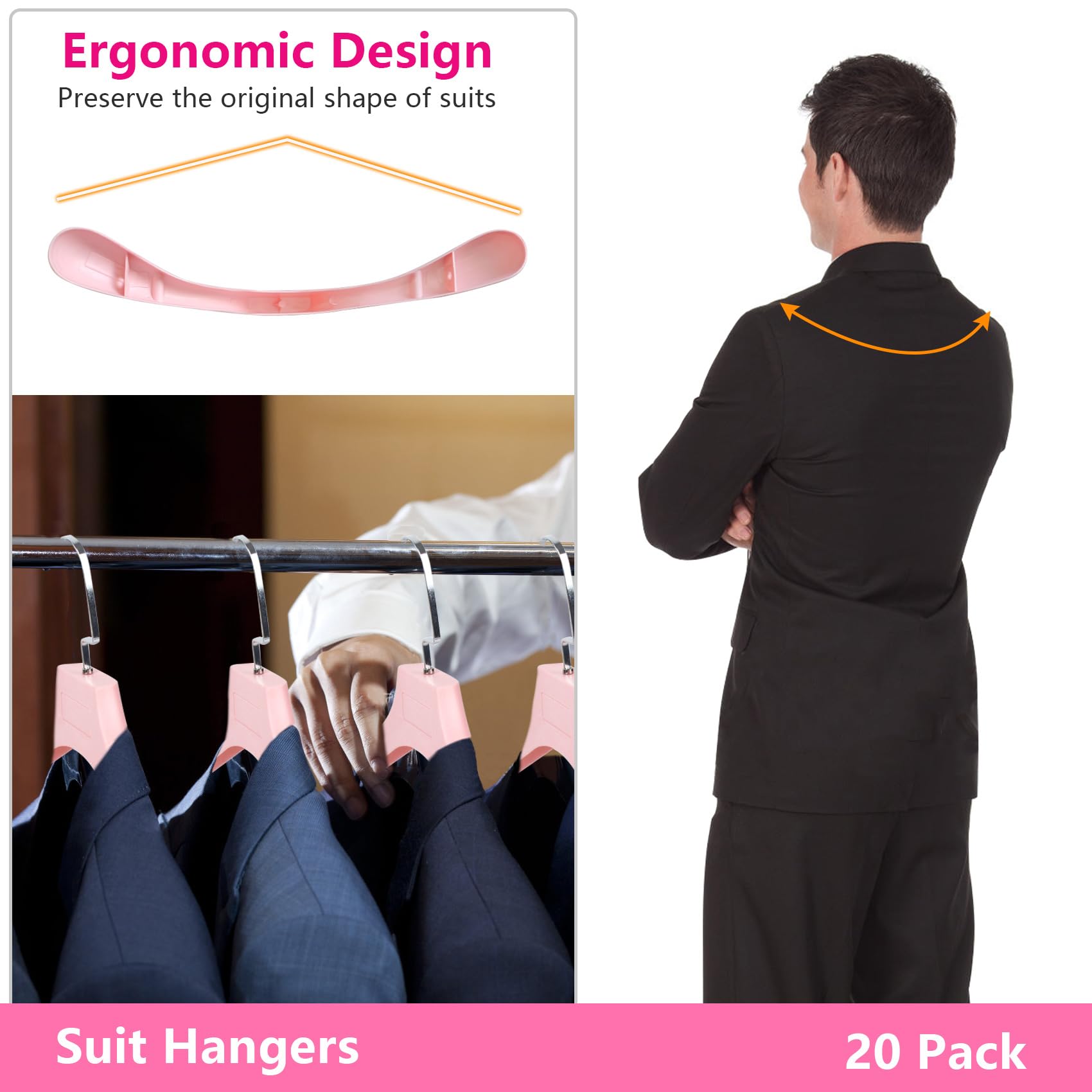 Dedu Suit Hangers For Men 10 Pack, Extra Wide Hangers Non Slip Width 17.7'', Pink Coat Hangers Thick Plastic With Pants Bar 360