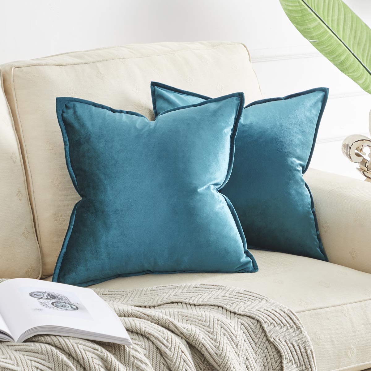 Gigizaza Velvet Decorative Throw Pillow Covers,20X20 Peacock Blue Square Couch Sofa Pillow Covers,Pack Of 2