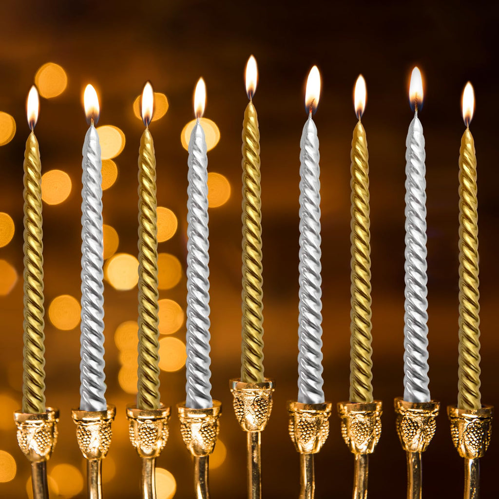 10 Inch Spiral Taper Candles Set For Christmas, 6 Gold And 6 Silver Unscented Twisted Candlesticks, Dripelss Thin Tapered Candle