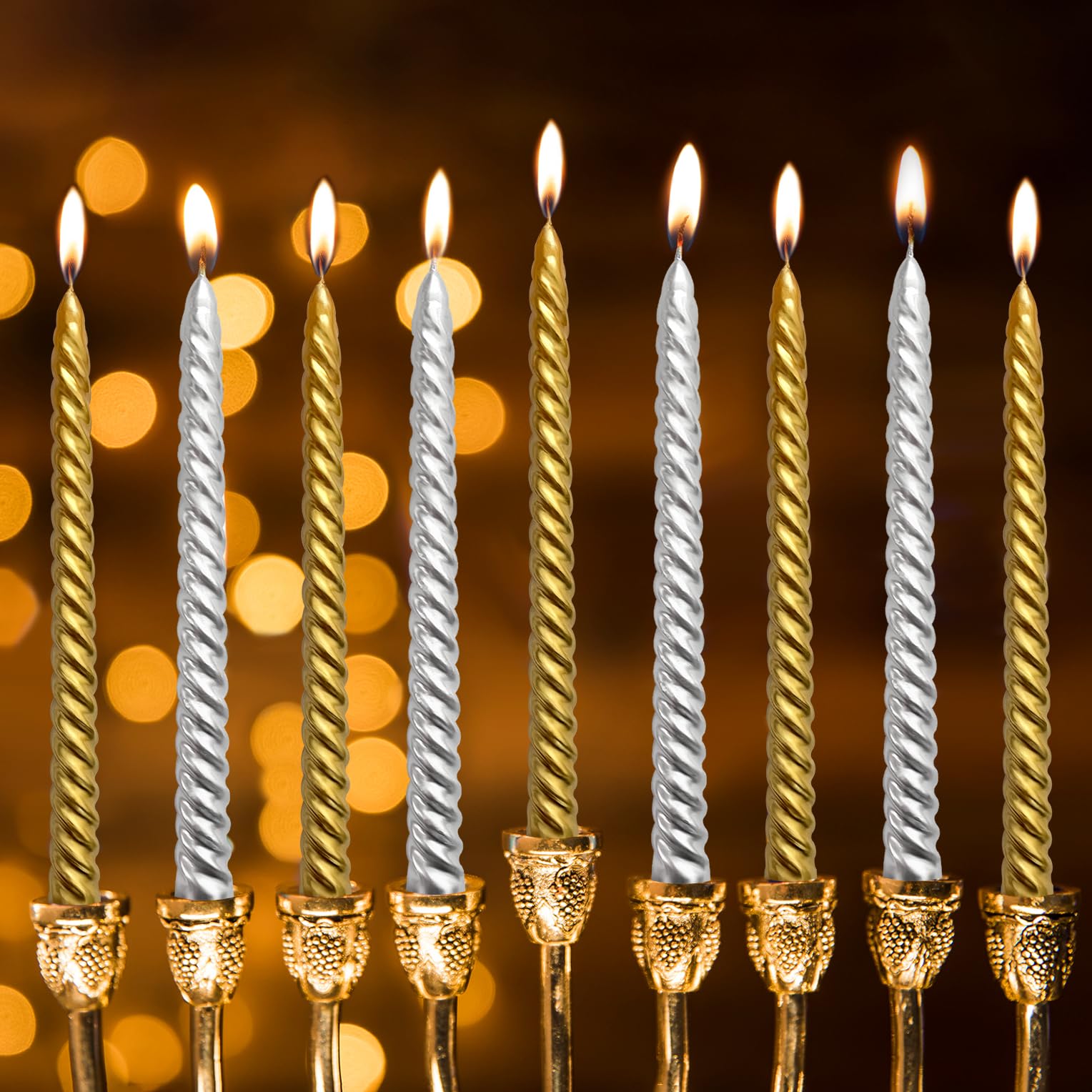 10 Inch Spiral Taper Candles Set For Christmas, 6 Gold And 6 Silver Unscented Twisted Candlesticks, Dripelss Thin Tapered Candle