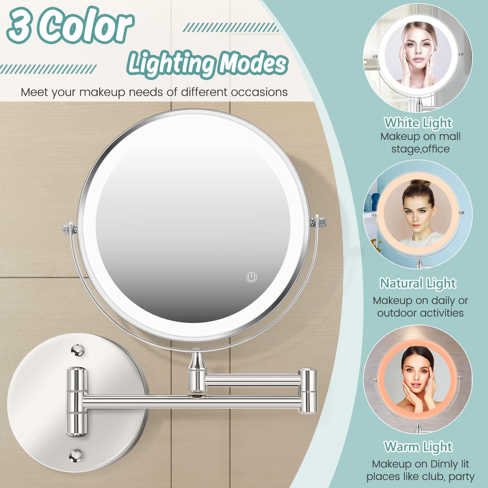 Rechargeable Wall Mounted Lighted Makeup Mirror 8 Inch Double Sides 1X/10X Magnifying Led Makeup Mirror 3 Color Light Touch Scre