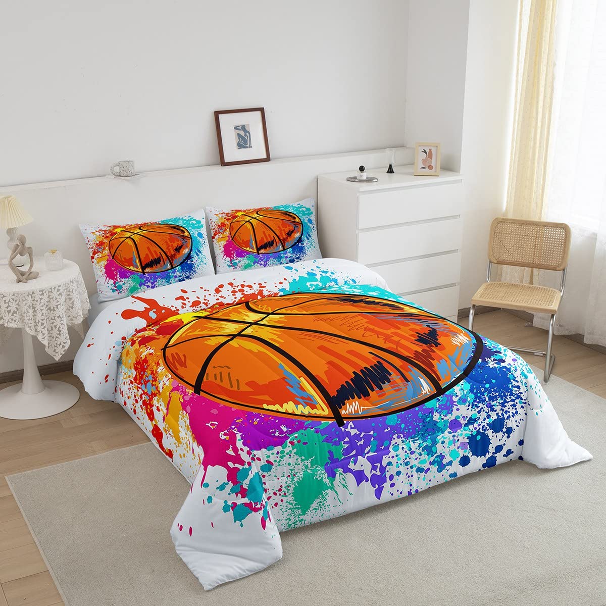Castle Fairy Basketball Full Size Comforter Set Colorful Tie-Dye Bedding Set For Kids Adults Teens Sports Theme Comforter Luxury Graffiti Hip Hop Quilt Set Room Decor 3Pcs
