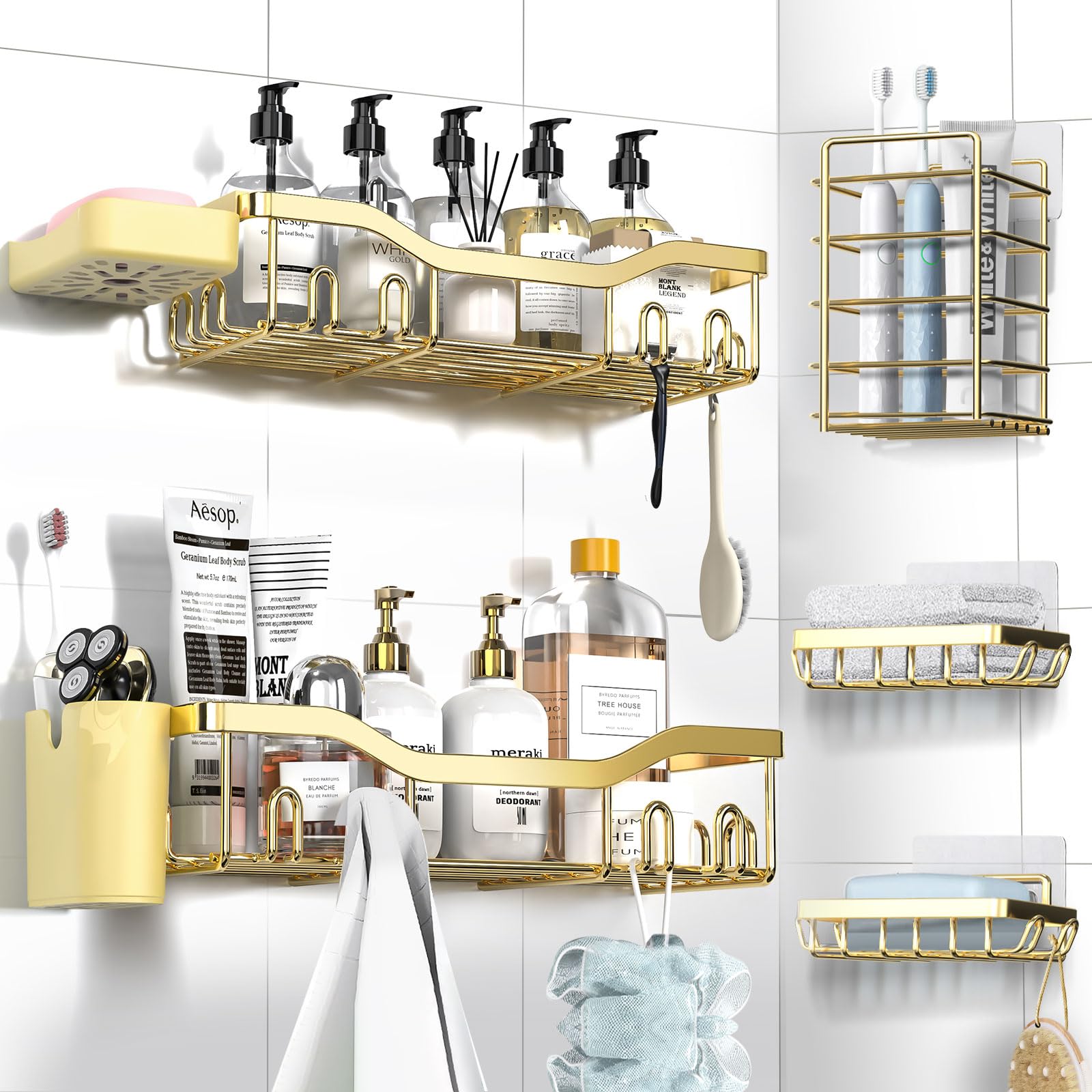 NESOMI Shower Caddy Adhesive Shower Organizer 7-Pack, Rustproof Stainless Steel Bathroom Shelves, Large Capacity No-Drill Rack S