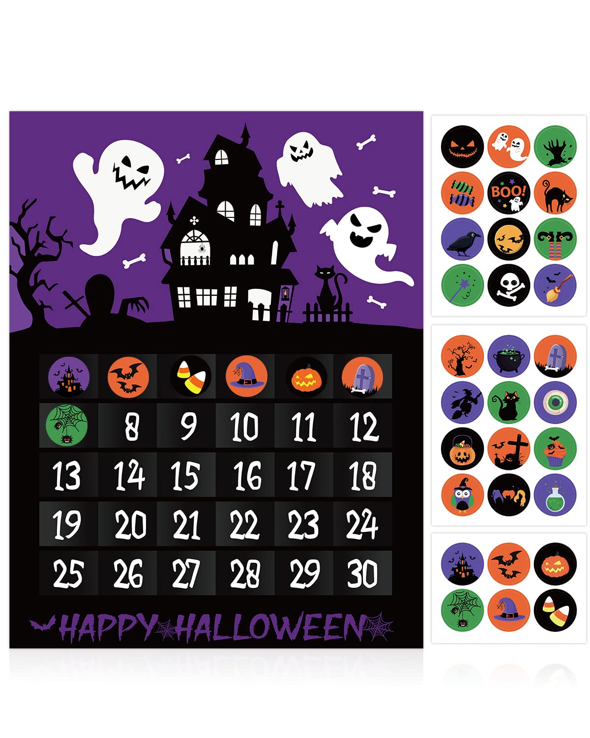 Halloween Advent Calendar Countdown to Halloween for 30 Days Ghost Black Cat Purple Paper Poster Removable Stickers Halloween Ha