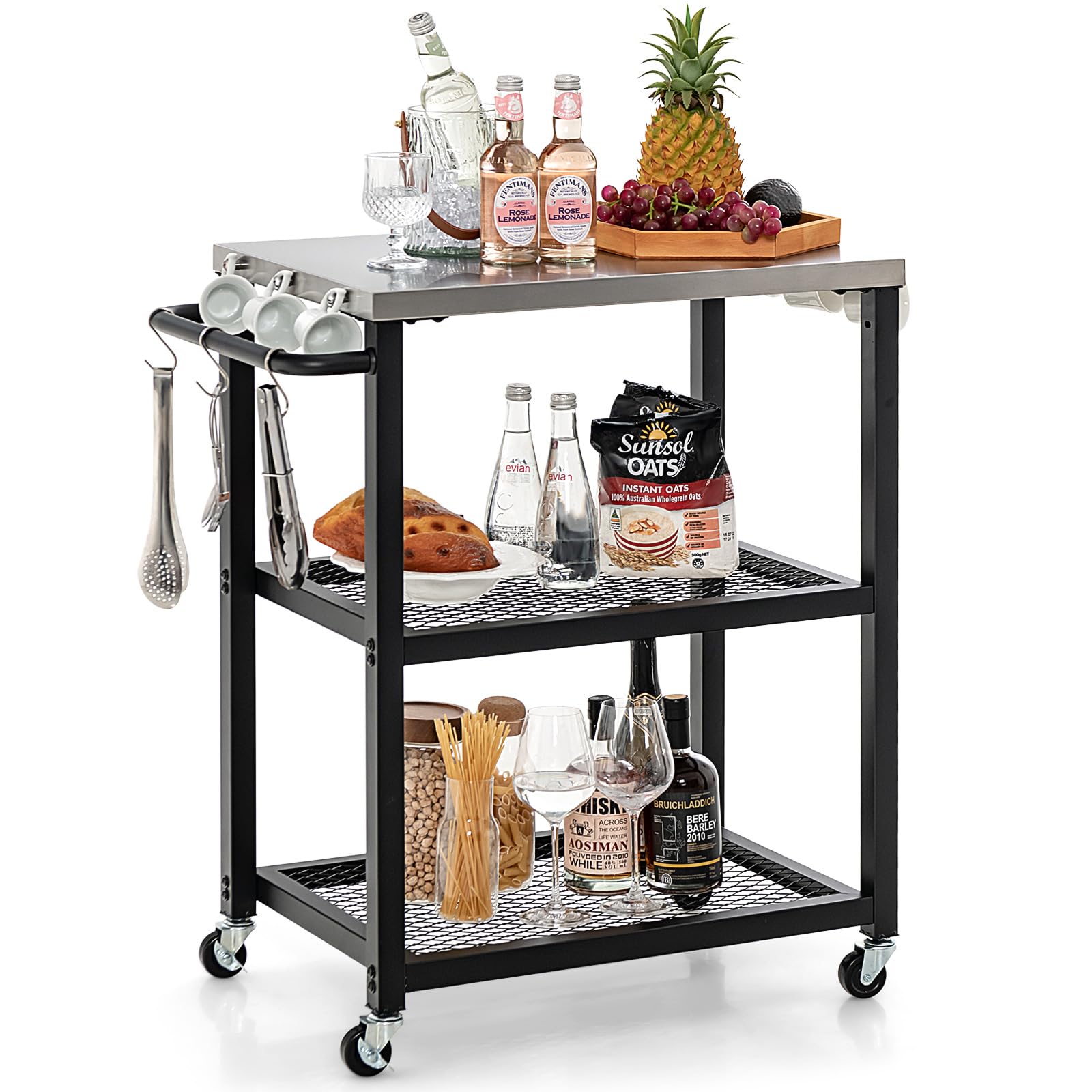 Giantex Outdoor Grill Cart - Movable Pizza Oven Stand With Stainless Steel Top, 2 Storage Shelves, 9 Hooks, Food Prep Cooking Ta