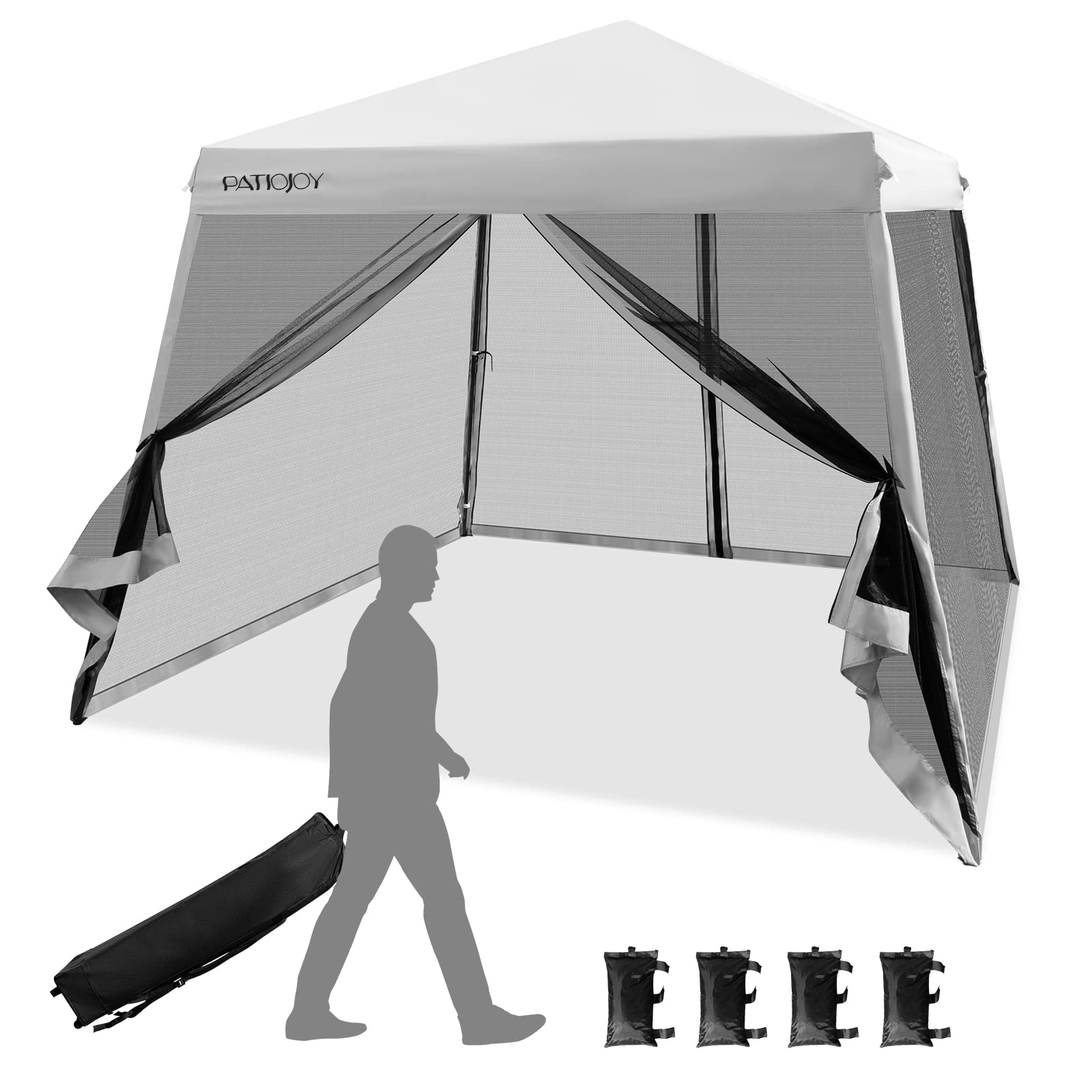 Tangkula 10X10 Ft Pop Up Canopy With Netting, Slanted Leg Outdoor Canopy With Roller Bag, 4 Sand Bags, 8 Stakes, 4 Ropes, Instan