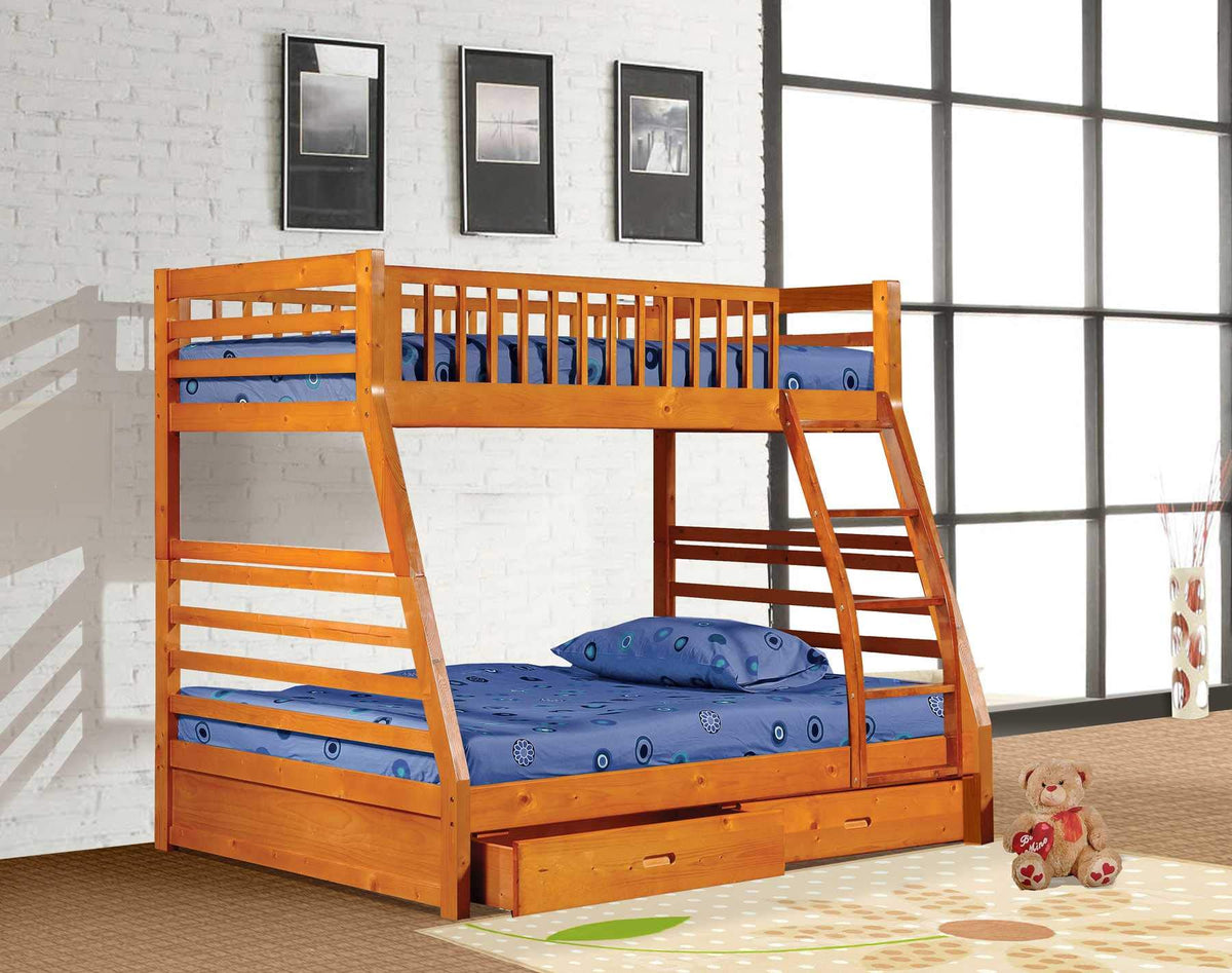 78'.75' X 42'.5-57'.25' X 65' Oak Manufactured Wood and Solid Wood Twin/Full Bunk Bed with 2 Drawers