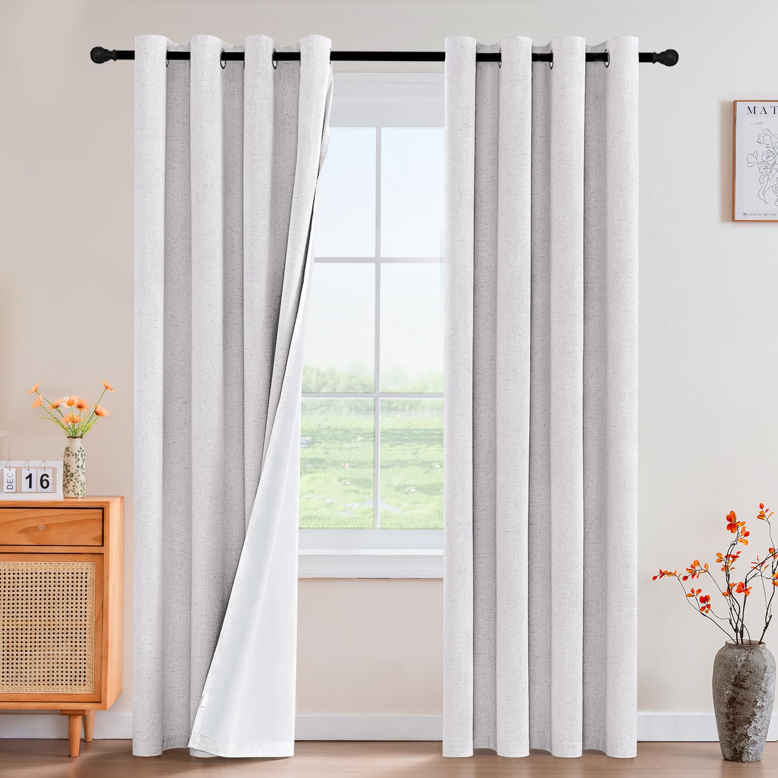 PrinceDeco 100% Blackout Curtains Nature Linen Blended 84 Inch Long Room Darkening Solid Black Out Curtains for Living Room Ther