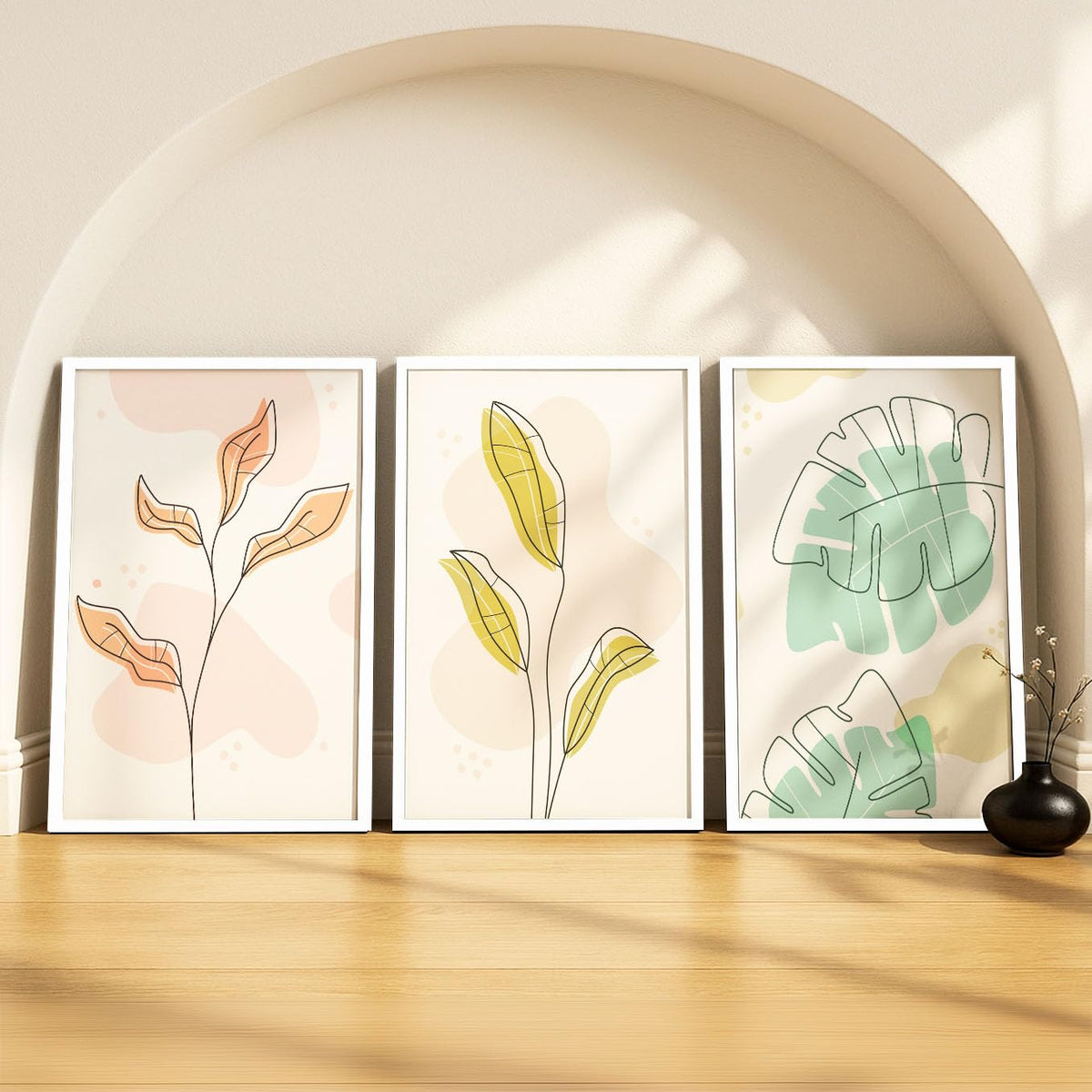 SoulAbiti Minimalist Leaf Line Art set of 3 Framed Wall Print 12x18 inch White Frame PlexiGlass Abstract Art ready to hang for