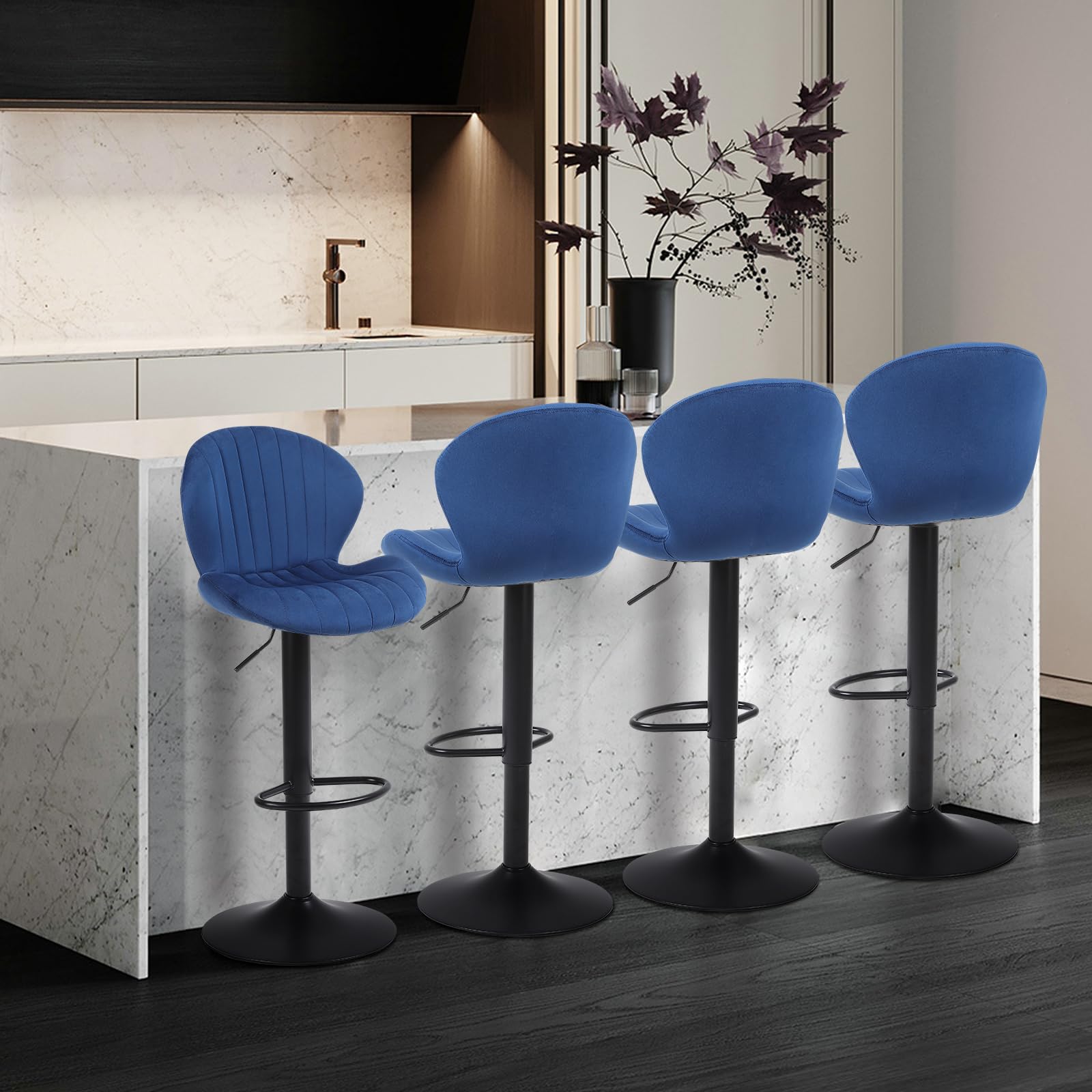 Youhauchair Modern Bar Stools Set Of 4, Velvet Height Adjustable Swivel Barstools, Armless Kitchen Island Counter Chairs With Back & Footrest, Blue