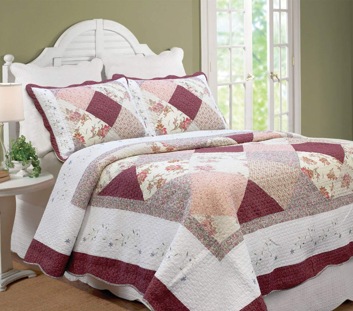 Cozy Line Home Fashions Floral Real Patchwork Burgundy Red Coral Pink Scalloped Edge Country 100% Cotton Quilt Bedding Set, Reve