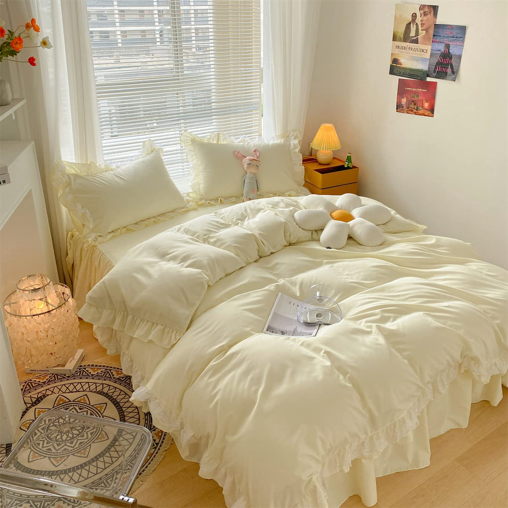 Moowoo Chic Ruffle Lace Polyester Duvet Cover Set -Girl Yellow Bedding-2 Piece Twin Duvet Cover With Zipper Closure -Ultra Soft