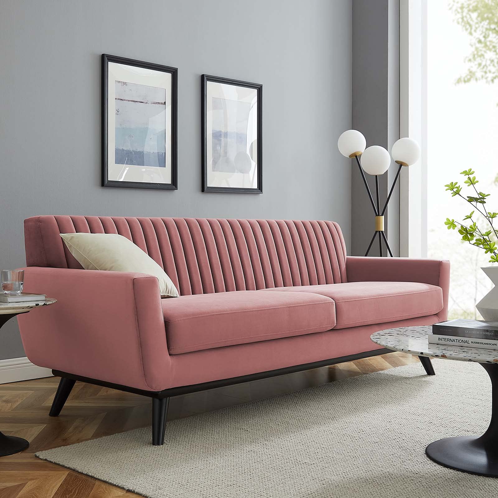Modway Engage Channel Tufted Performance Velvet Sofa in Dusty Rose