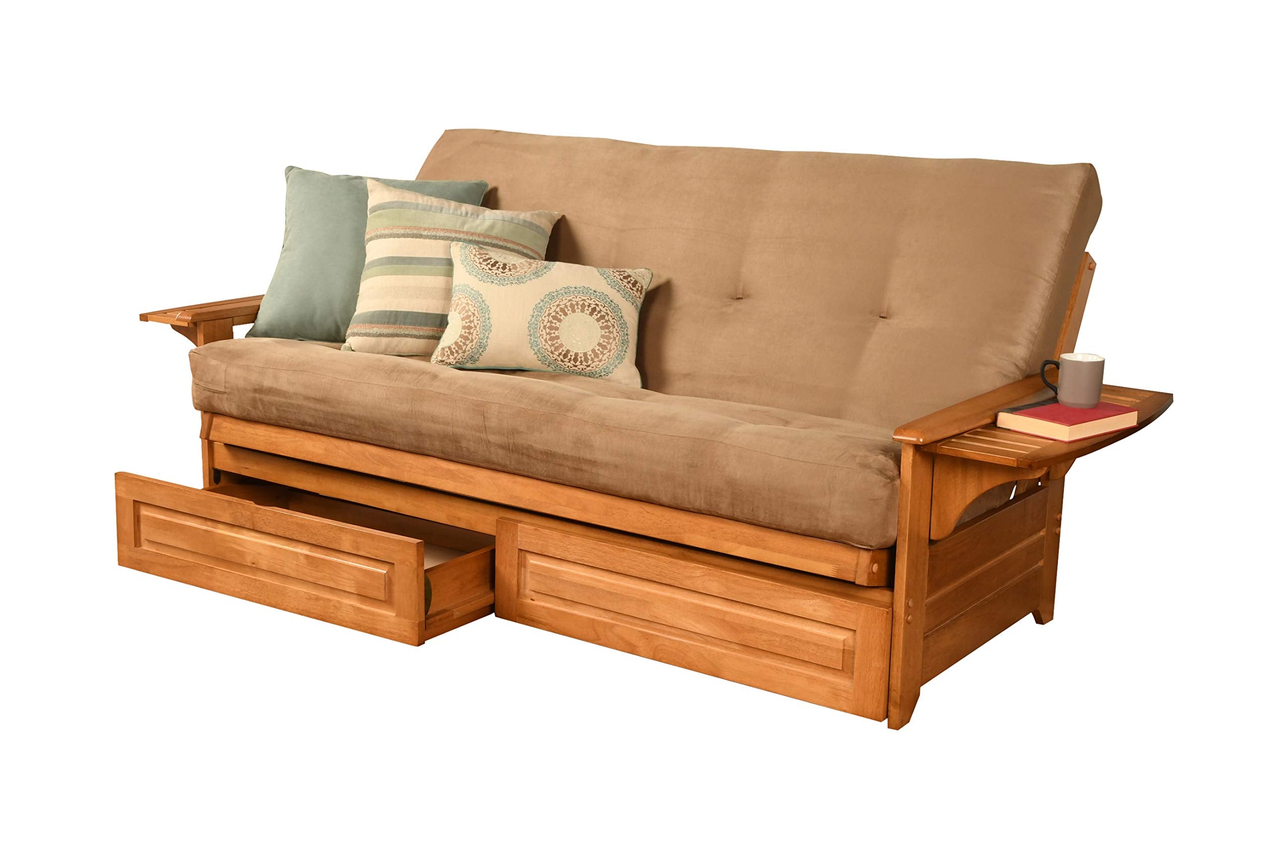 Kodiak Furniture 760719 Phoenix Full Size Futon in Butternut Finish with Storage Drawers, Suede Peat