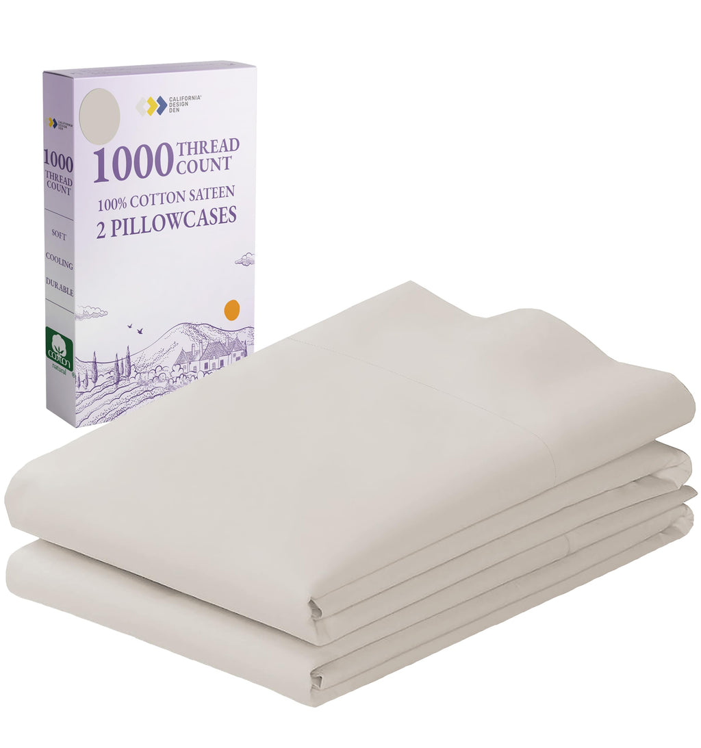 California Design Den 1000 Thread Count Pillow Cases, Soft & Smooth 100% Cotton Sateen Weave Hotel-Quality, Set Of 2 Pillow Cases Standard Size Fits Std & Queen Size Pillows (Beige)