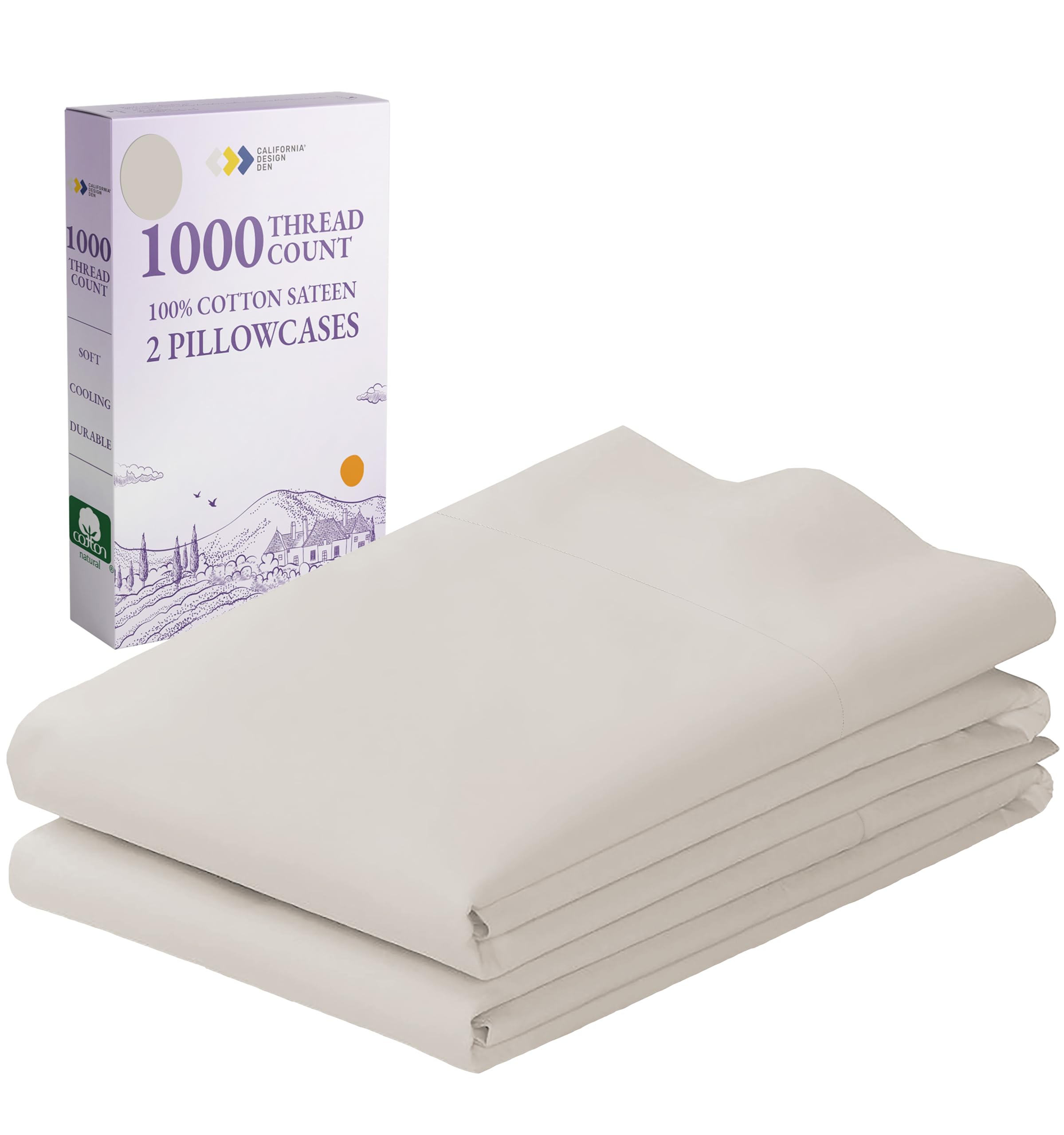 California Design Den 1000 Thread Count Pillow Cases, Soft & Smooth 100% Cotton Sateen Weave Hotel-Quality, Set Of 2 Pillow Cases Standard Size Fits Std & Queen Size Pillows (Beige)